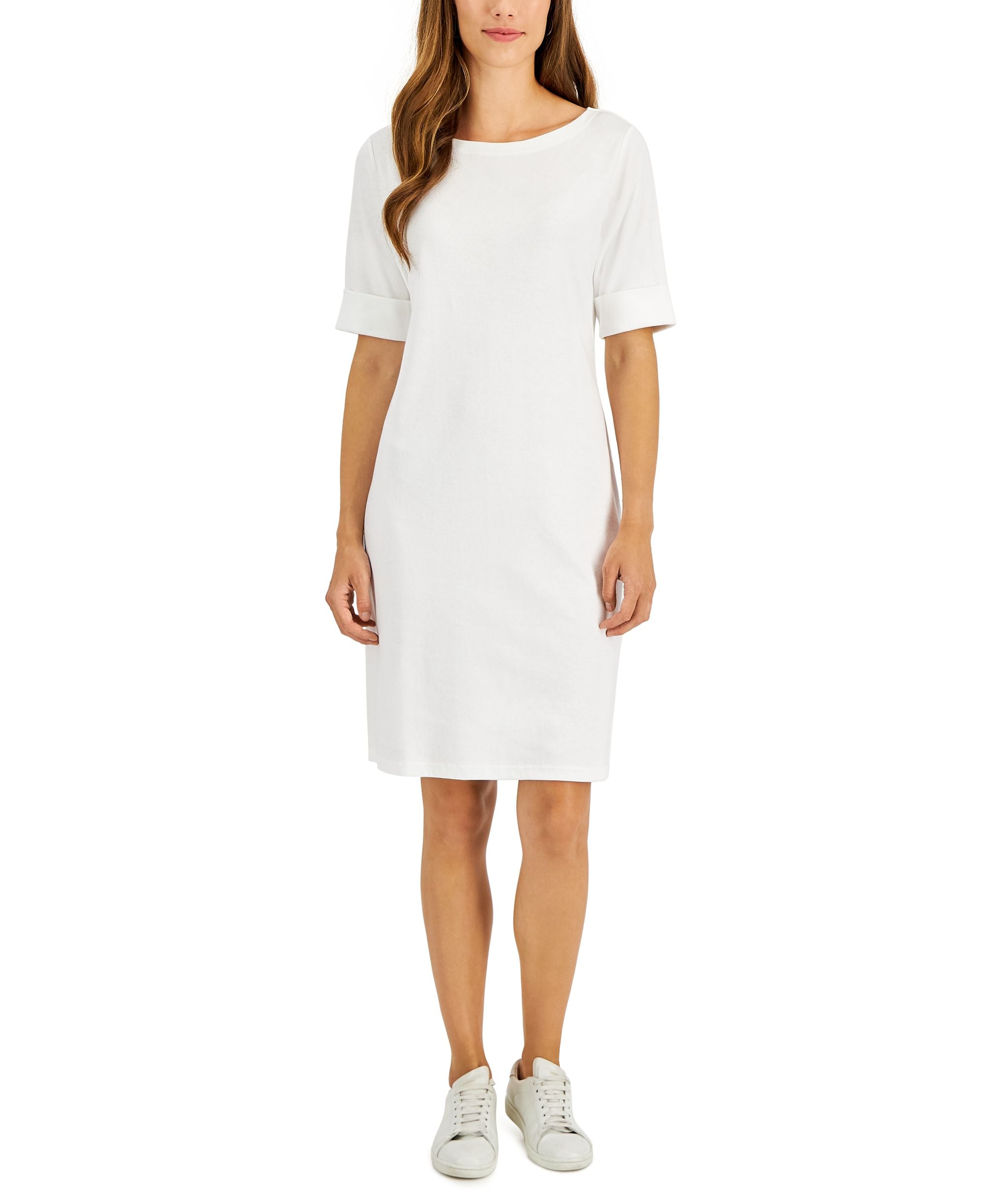 Karen Scott Petite Cotton Boat Neck Elbow Sleeve Dress