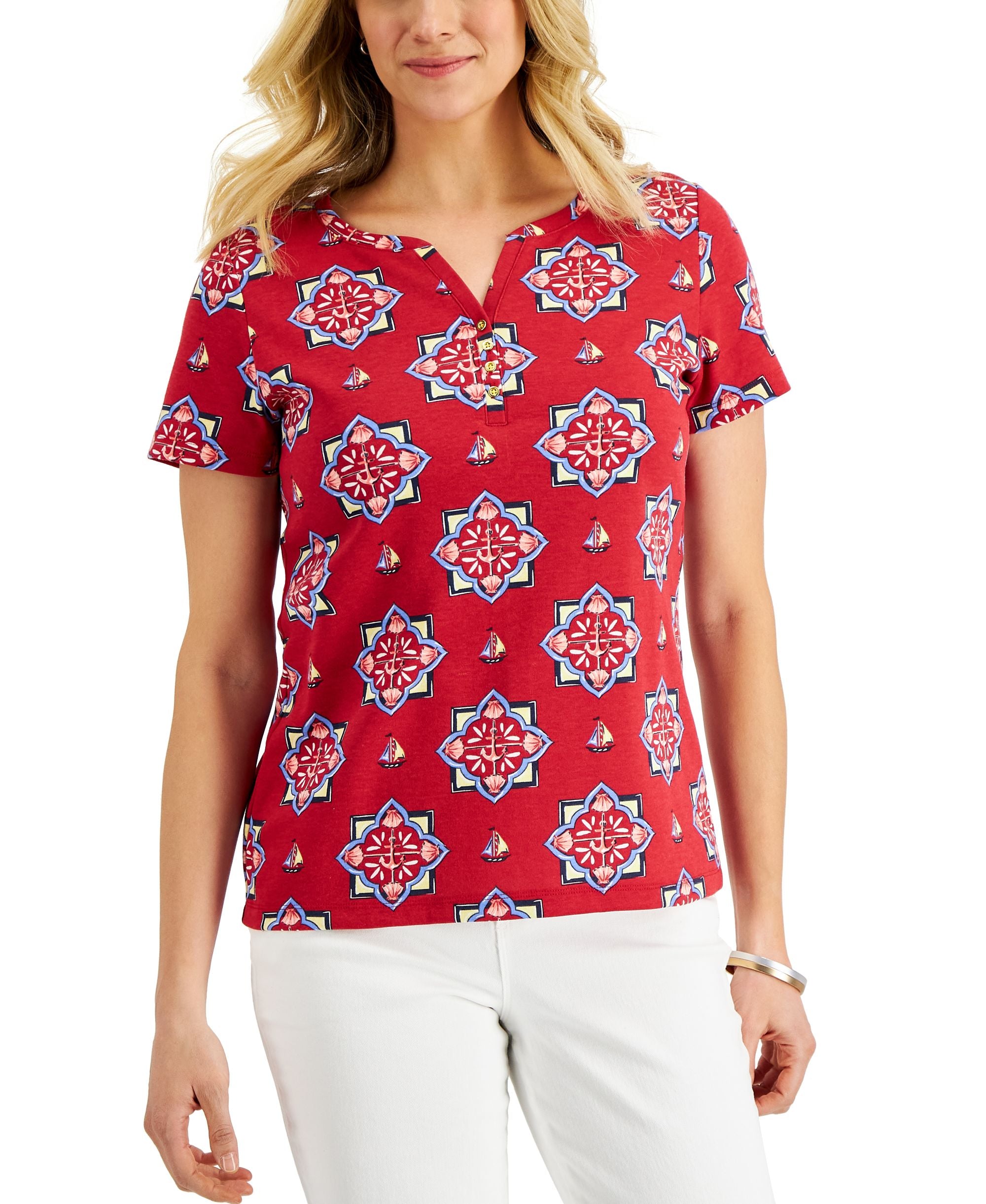 Karen Scott Petite Medallion Print Henley Top
