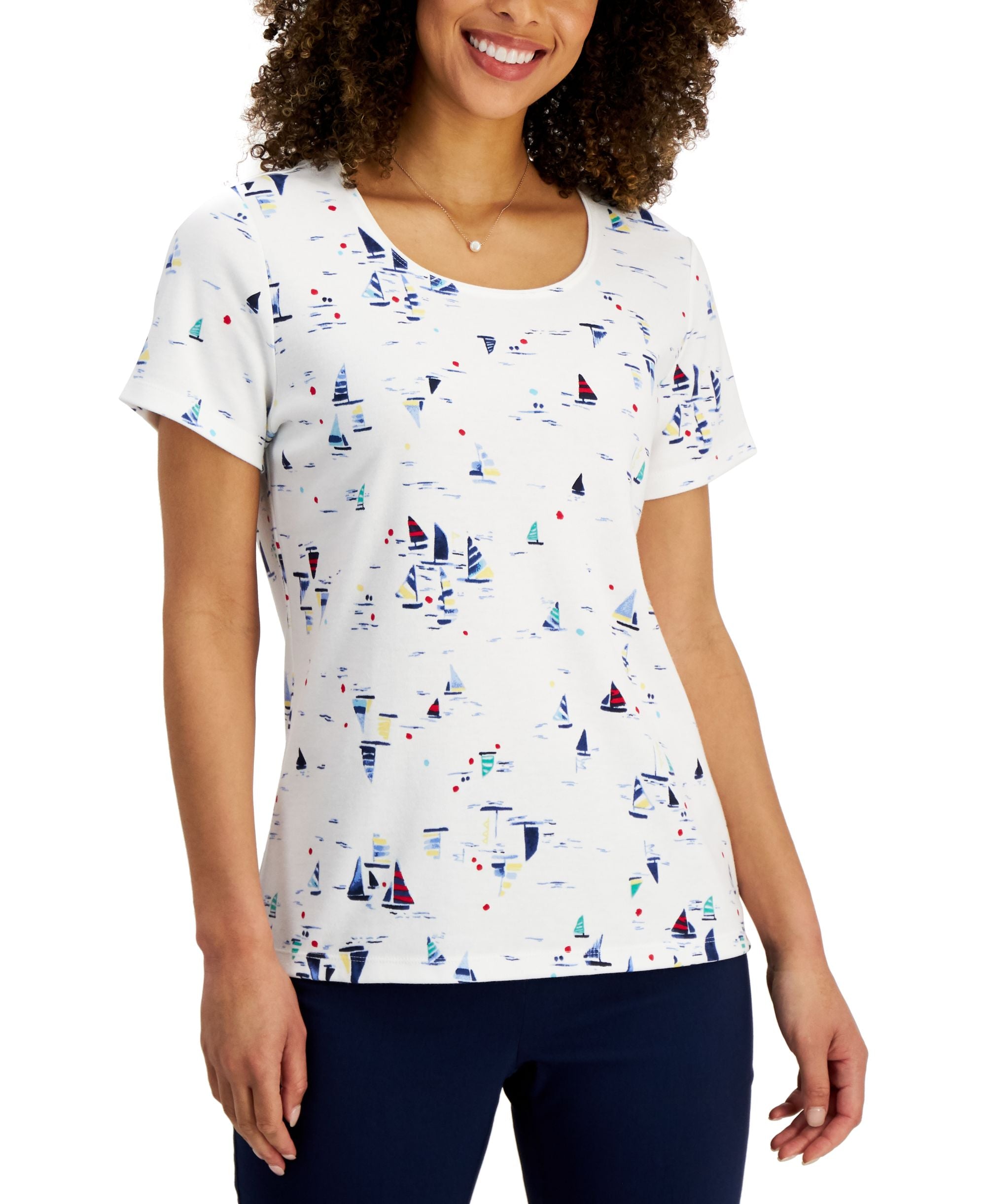 Karen Scott Petite Short Sleeve Sailboat Specks Top