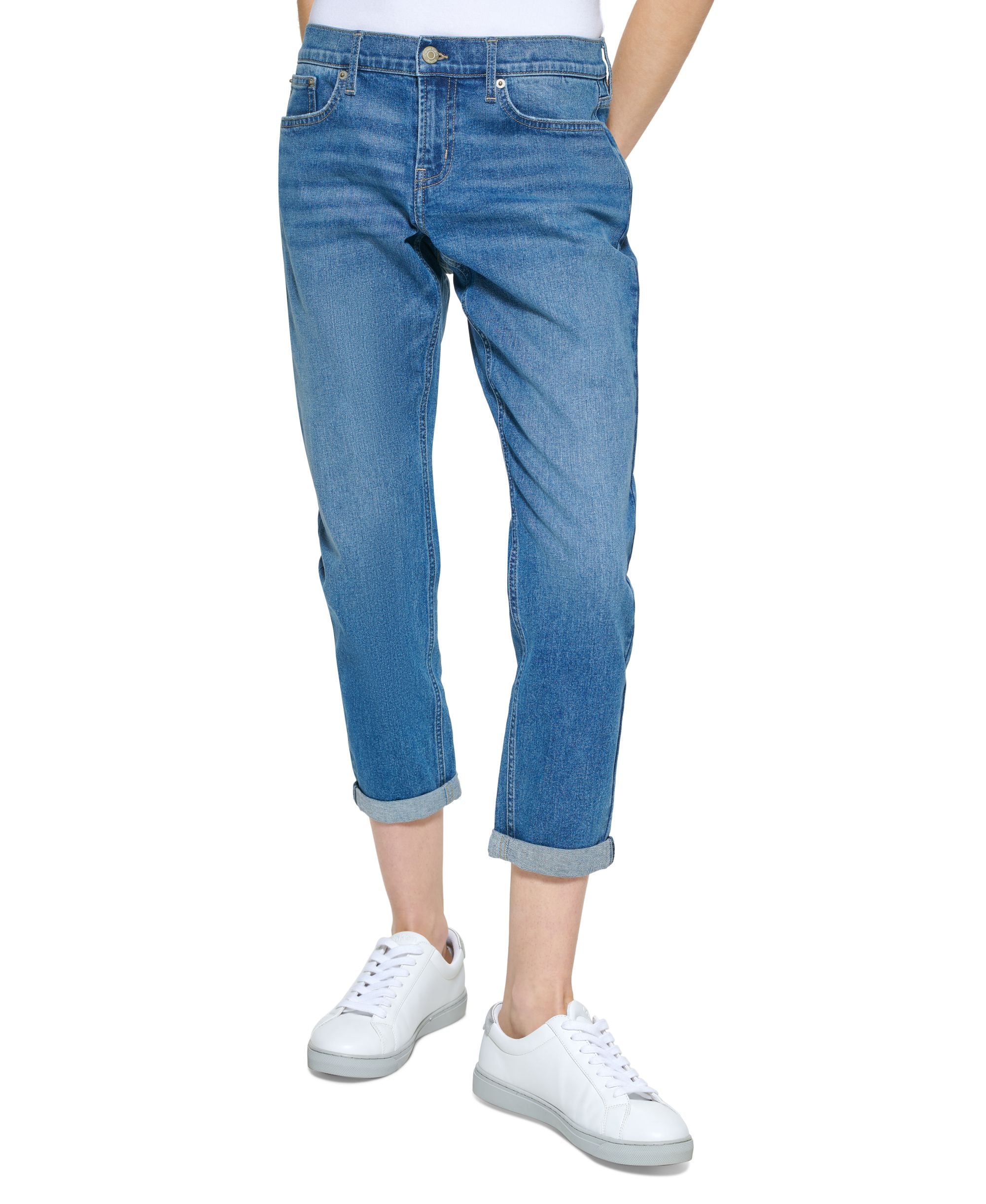 Petite Mid Rise Slim-Leg Boyfriend Jeans