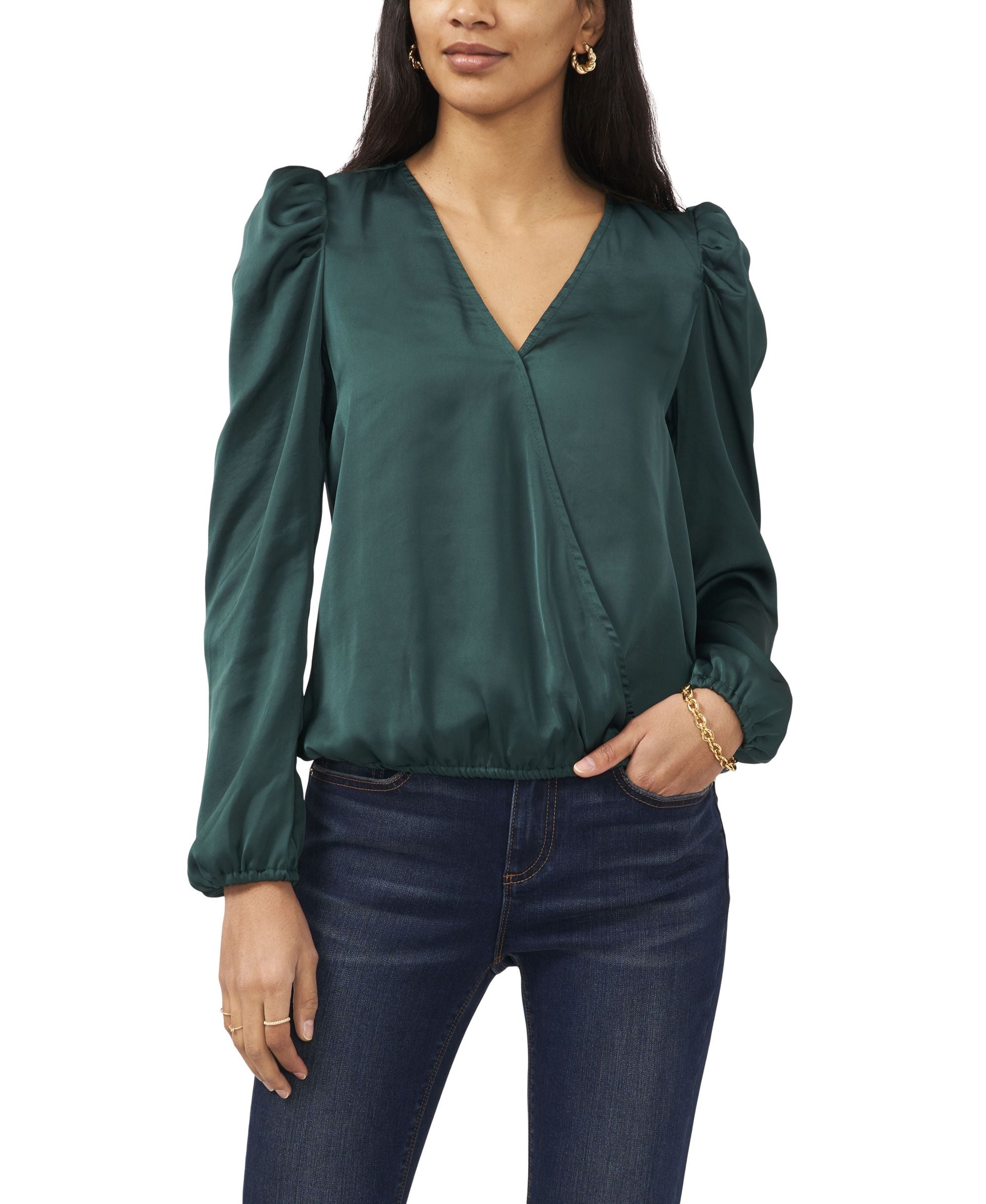 Sam Jess Womens Surplice Long Sleeve Puff Shoulder Top