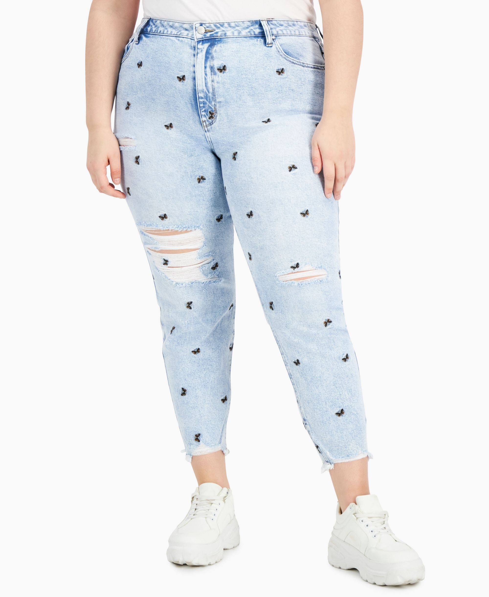 Tinseltown Trendy Plus Size Ripped Embroidered Mom Jeans