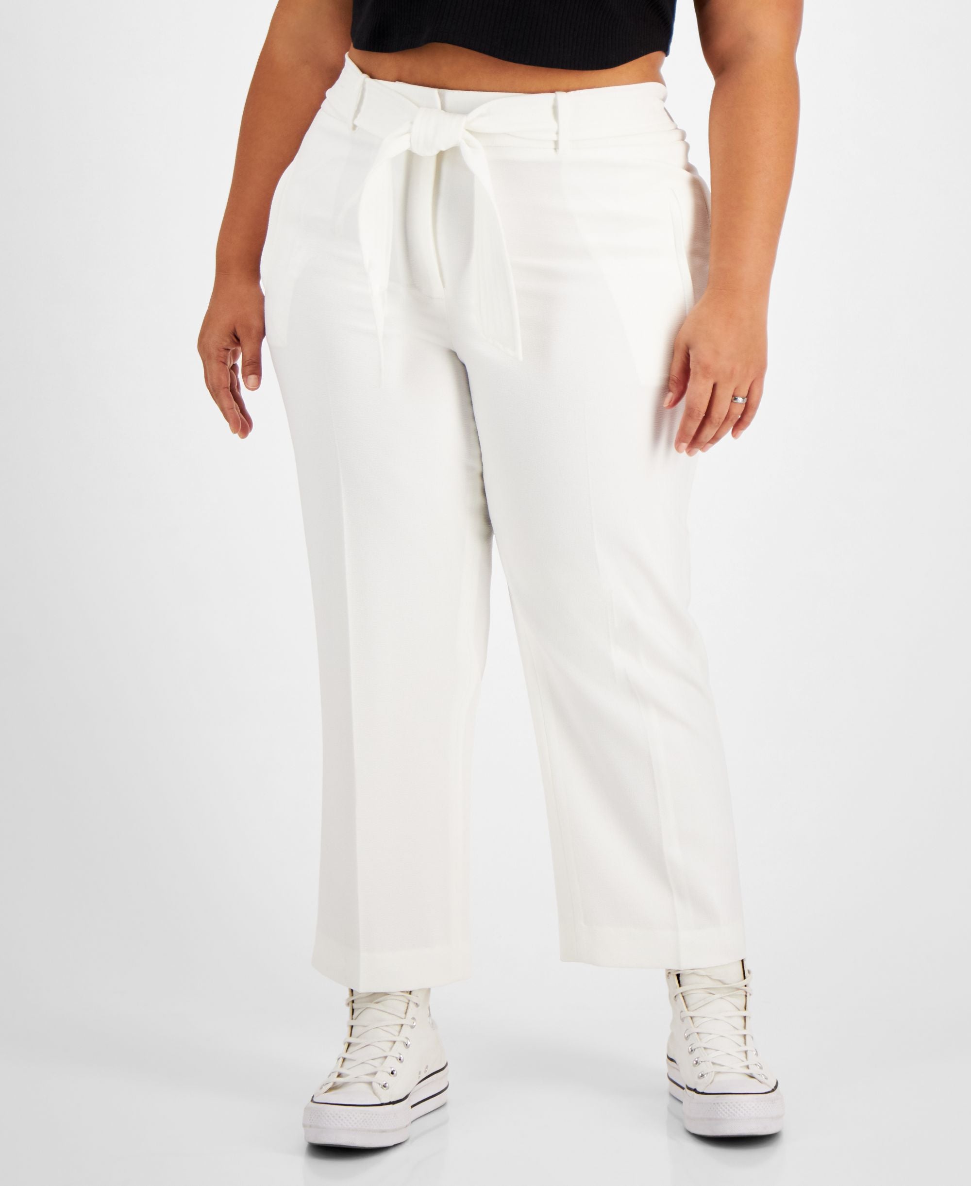 Bar III Womens Plus Mid-Rise Tie-Waist Cropped Pants