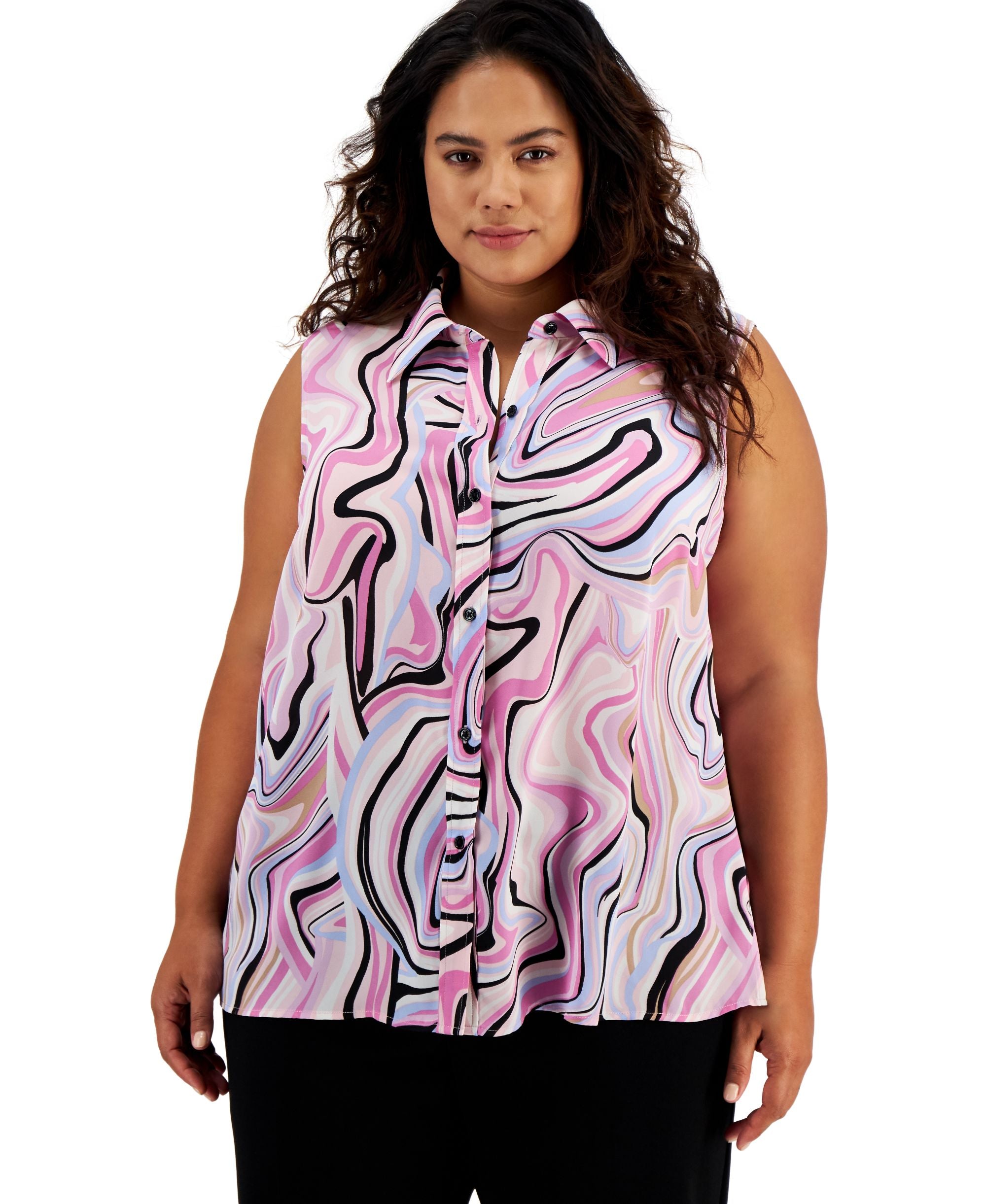 Bar III Plus Size Printed Button Down Top
