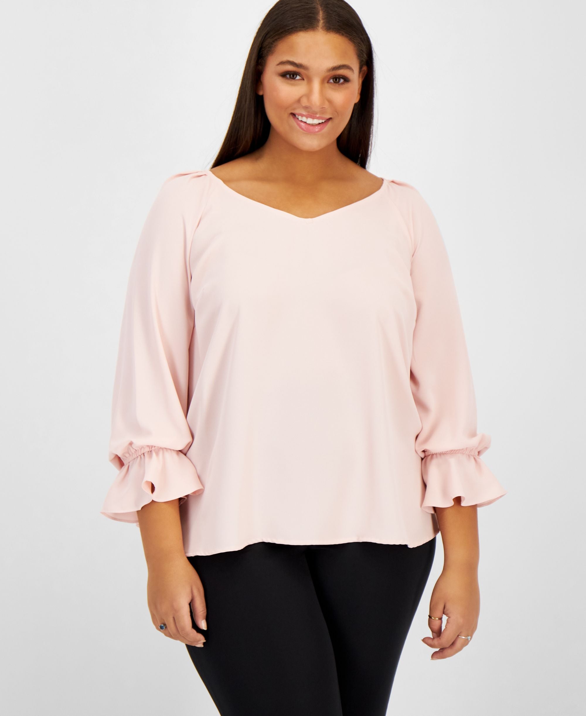Bar III Plus Size Solid Cinched-Sleeve V-Neck Top