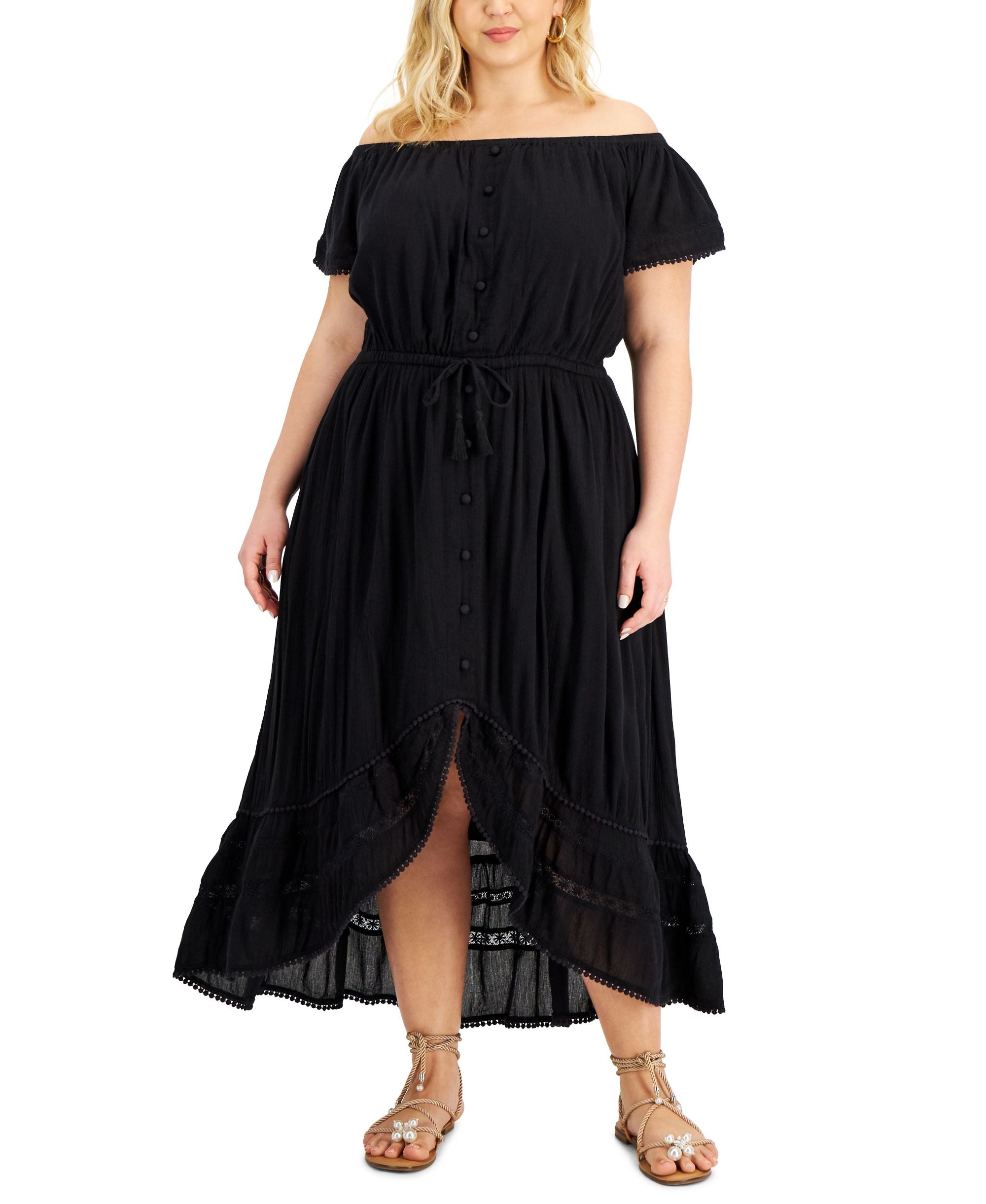 INC International Concepts Plus Size Off The Shoulder Striped Ruffled Dress