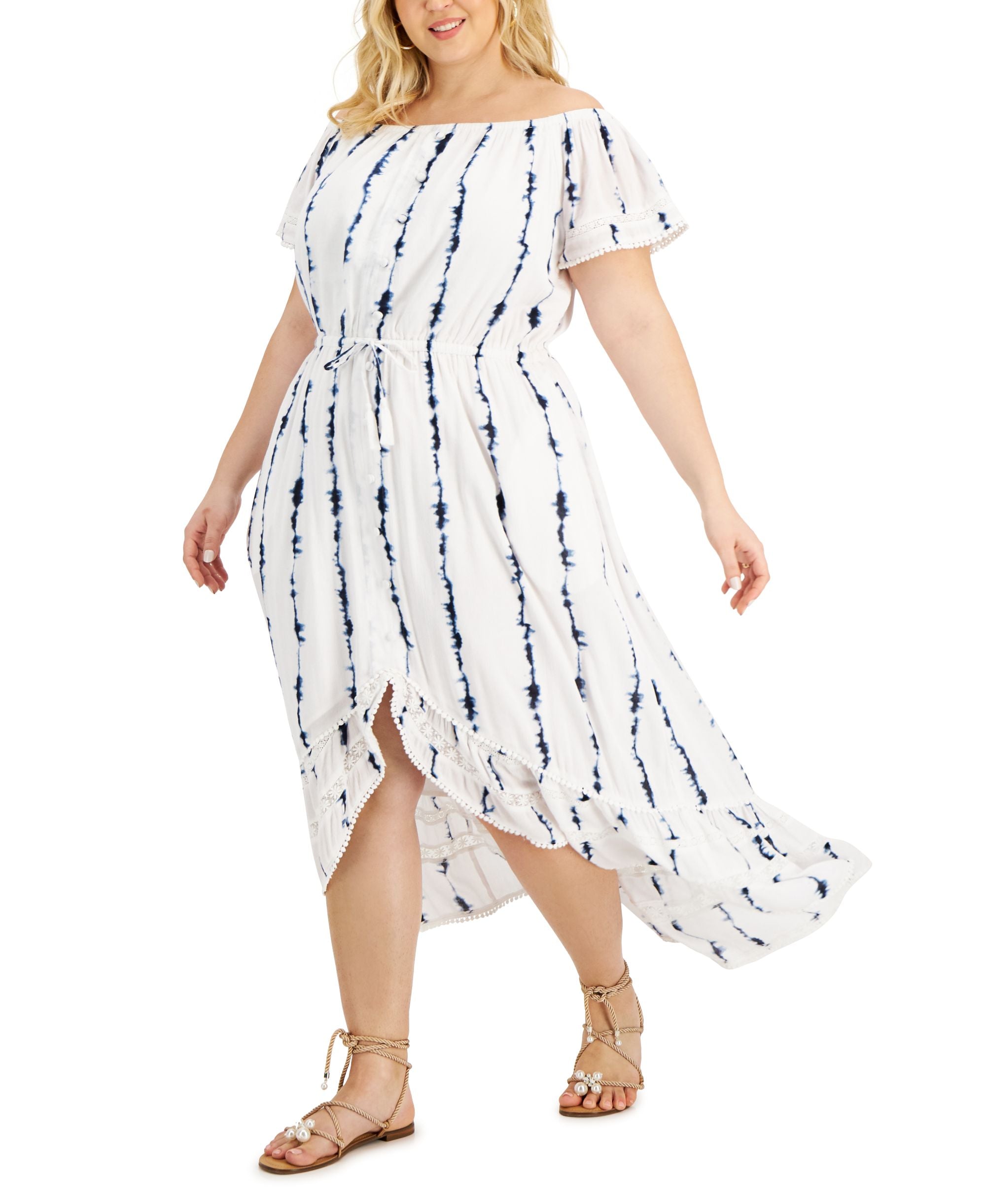 INC International Concepts Plus Size Off The Shoulder Striped Ruffled Dress