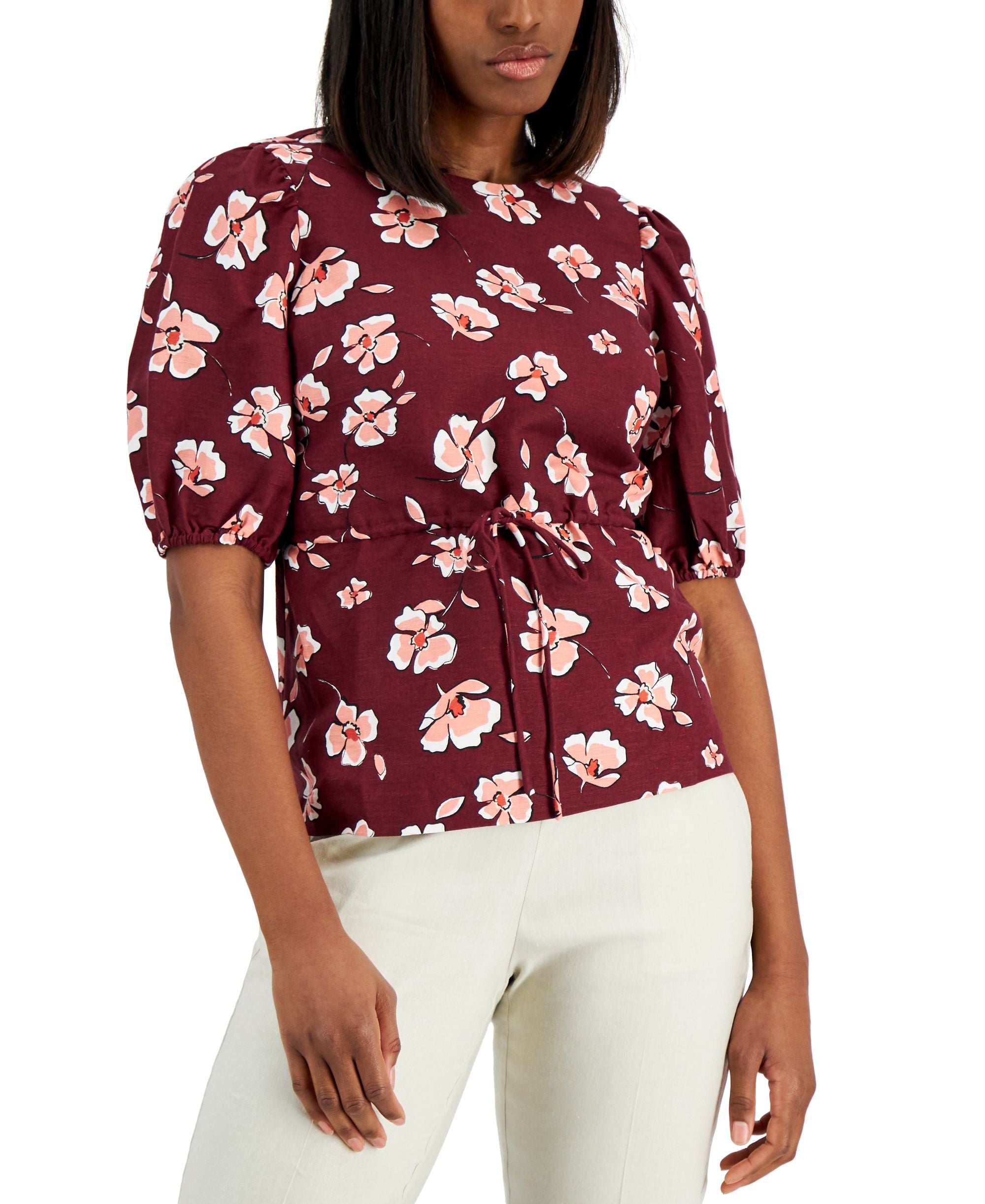 Alfani Tie Waist Puff Sleeve Top