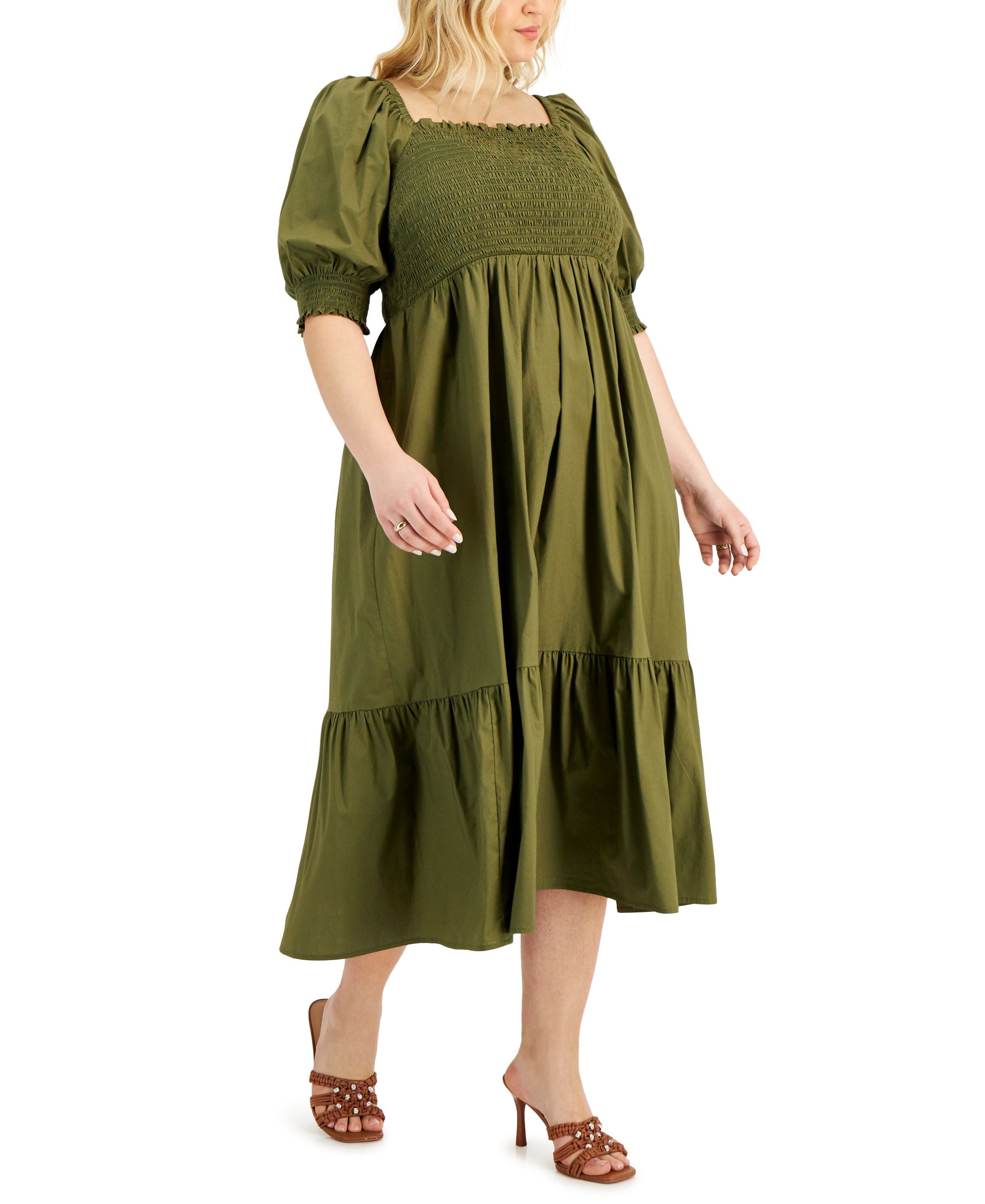 INC International Concepts Plus Size Smocked Puff Sleeve A Line Dress