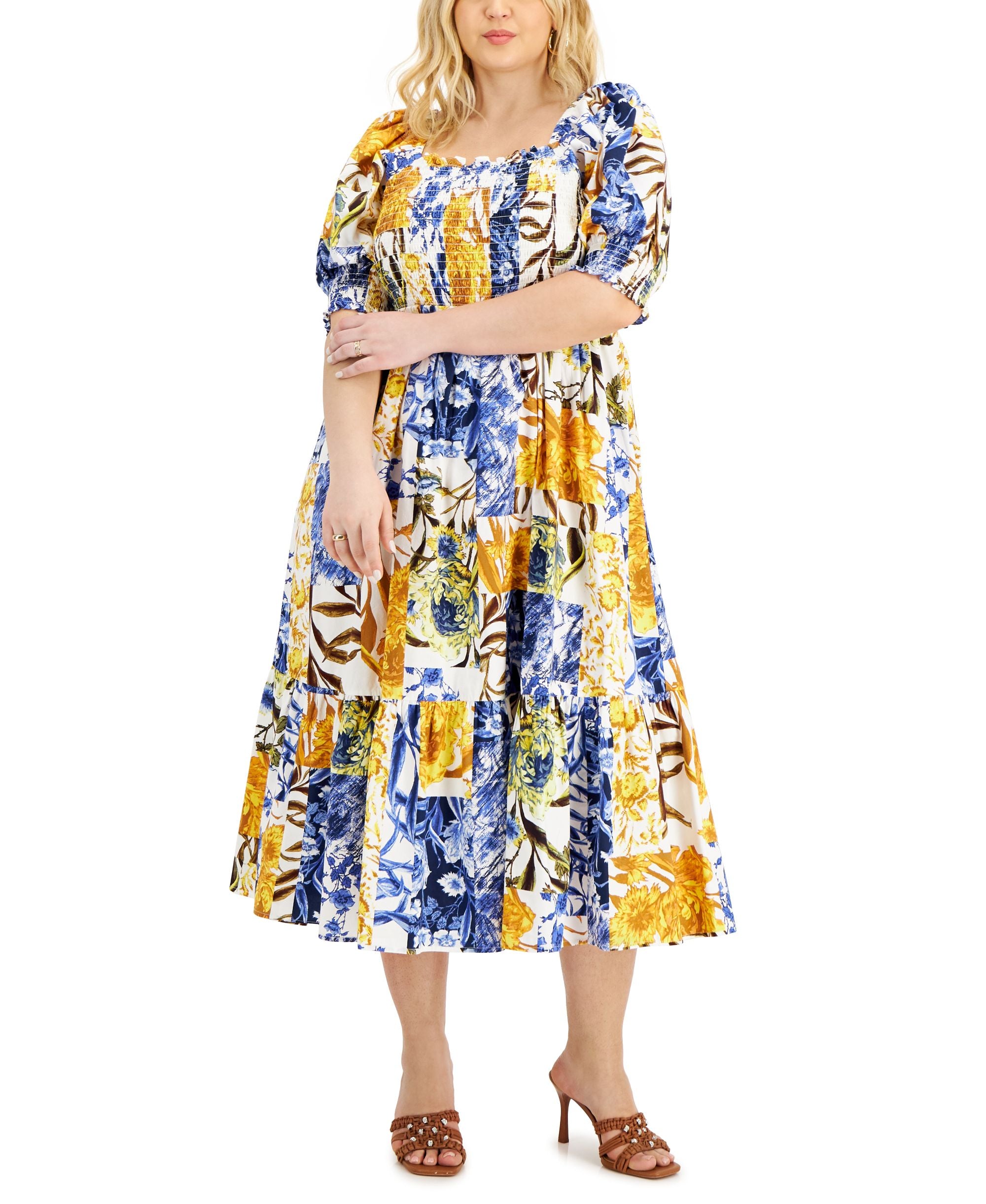 INC International Concepts Plus Size Printed Smocked Puff Sleeve A Line Dress