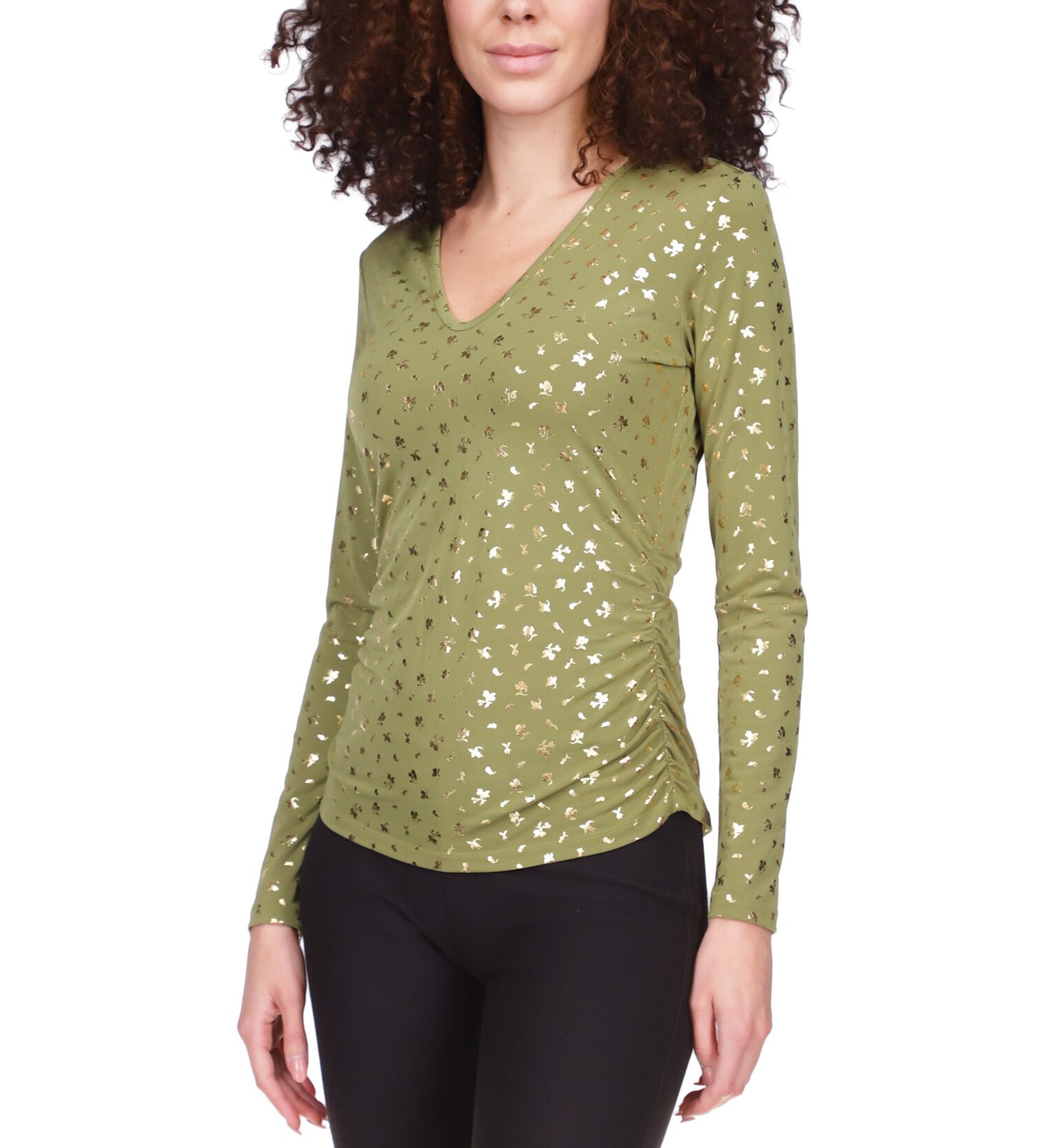 Michael Kors Womens Ruched Long Sleeve V Neck Top