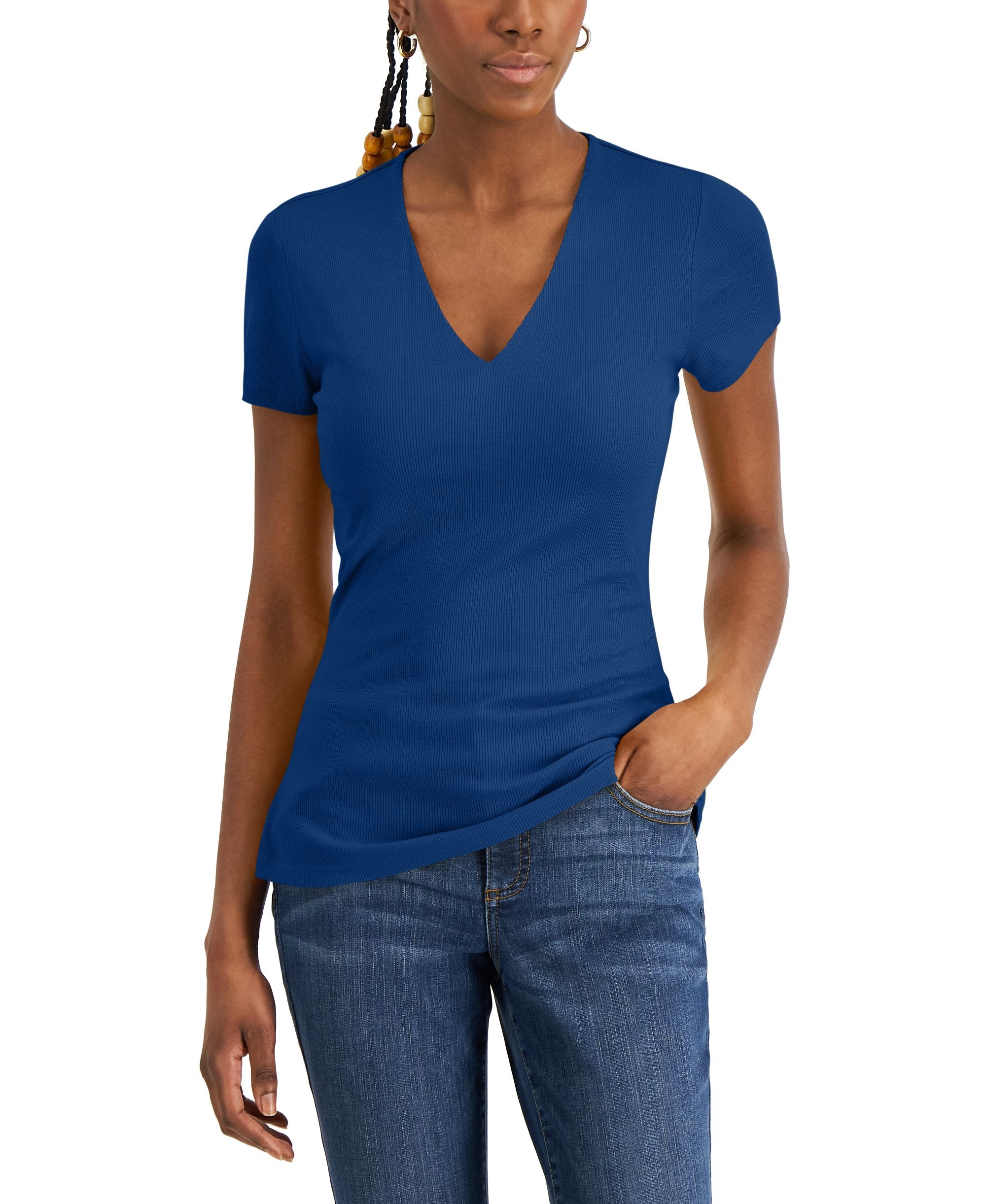 International Concepts Womens Ribbed V Neck Top