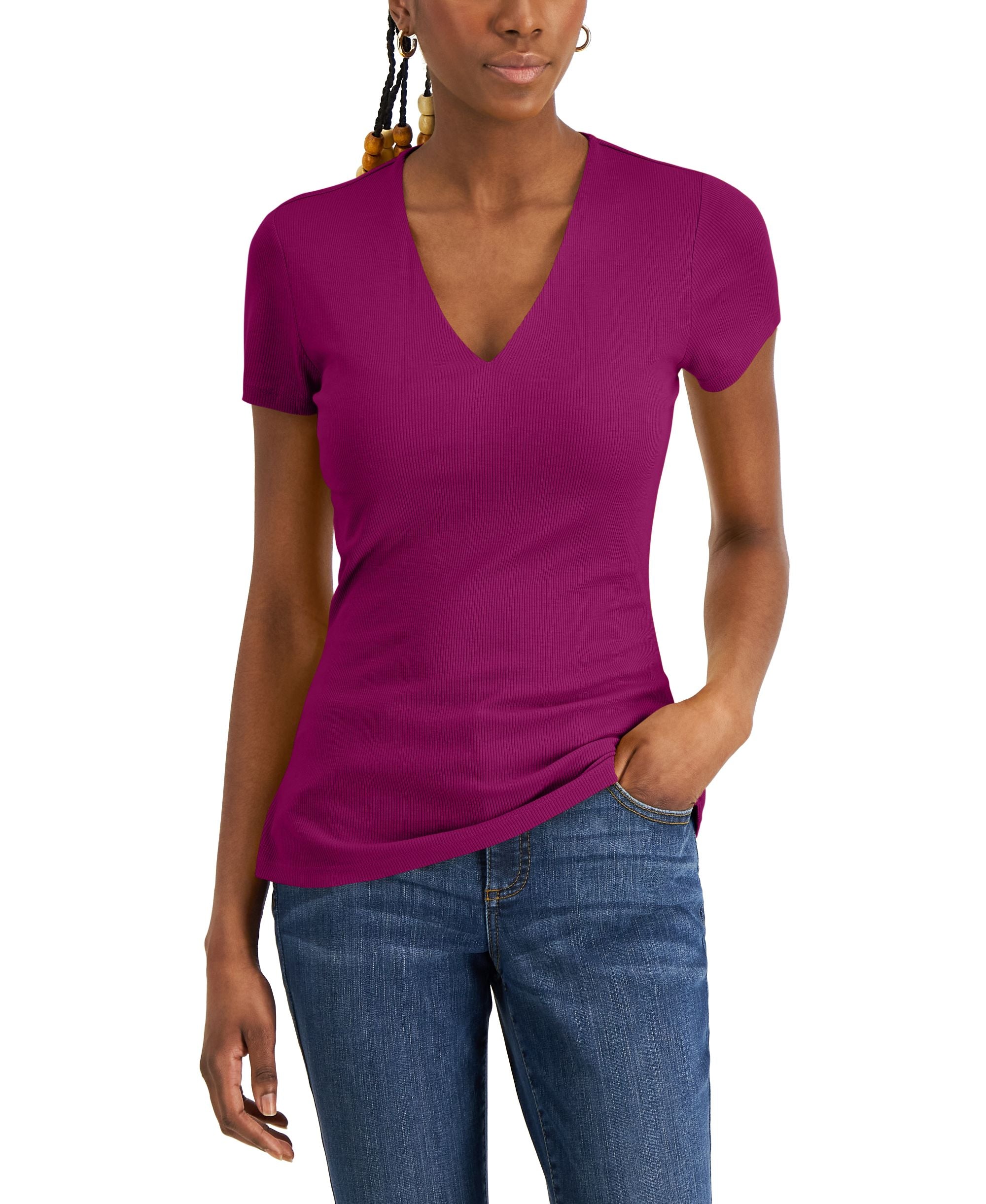 International Concepts Womens Ribbed V Neck Top