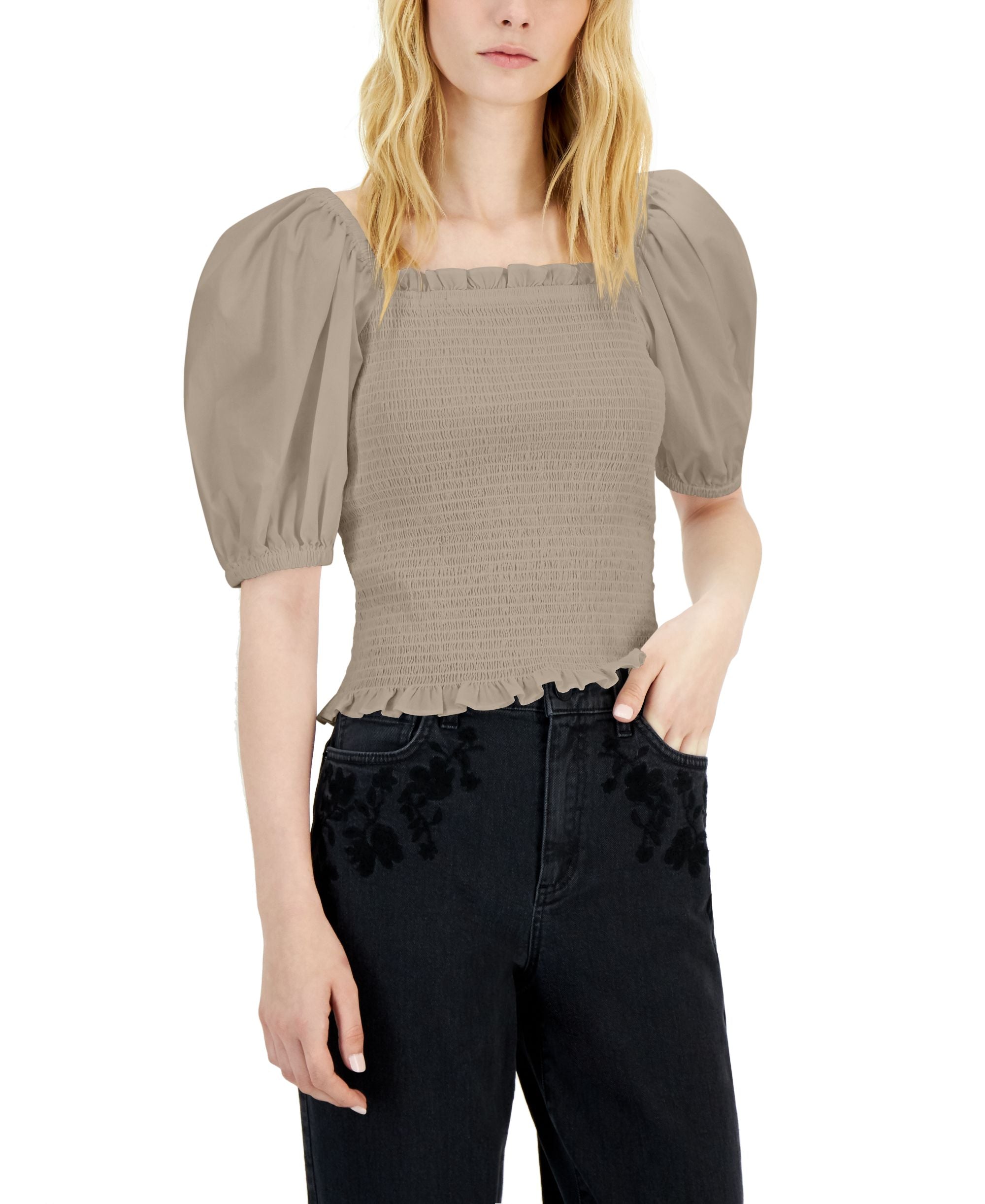 INC International Concepts Womens Puff Sleeve Smocked Top