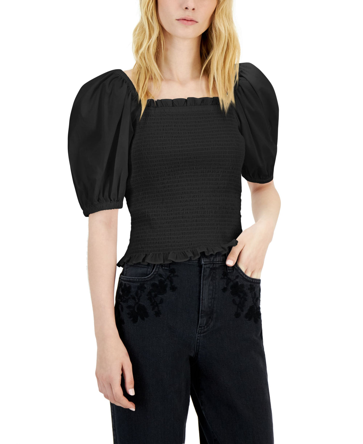 INC International Concepts Womens Puff Sleeve Smocked Top