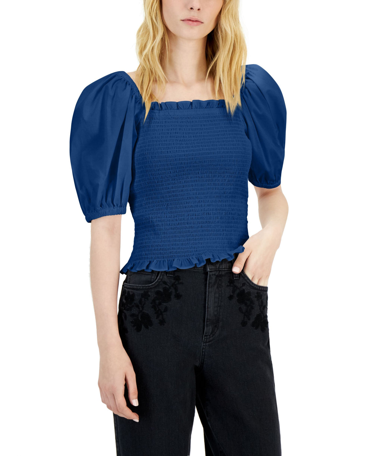 INC International Concepts Womens Puff Sleeve Smocked Top