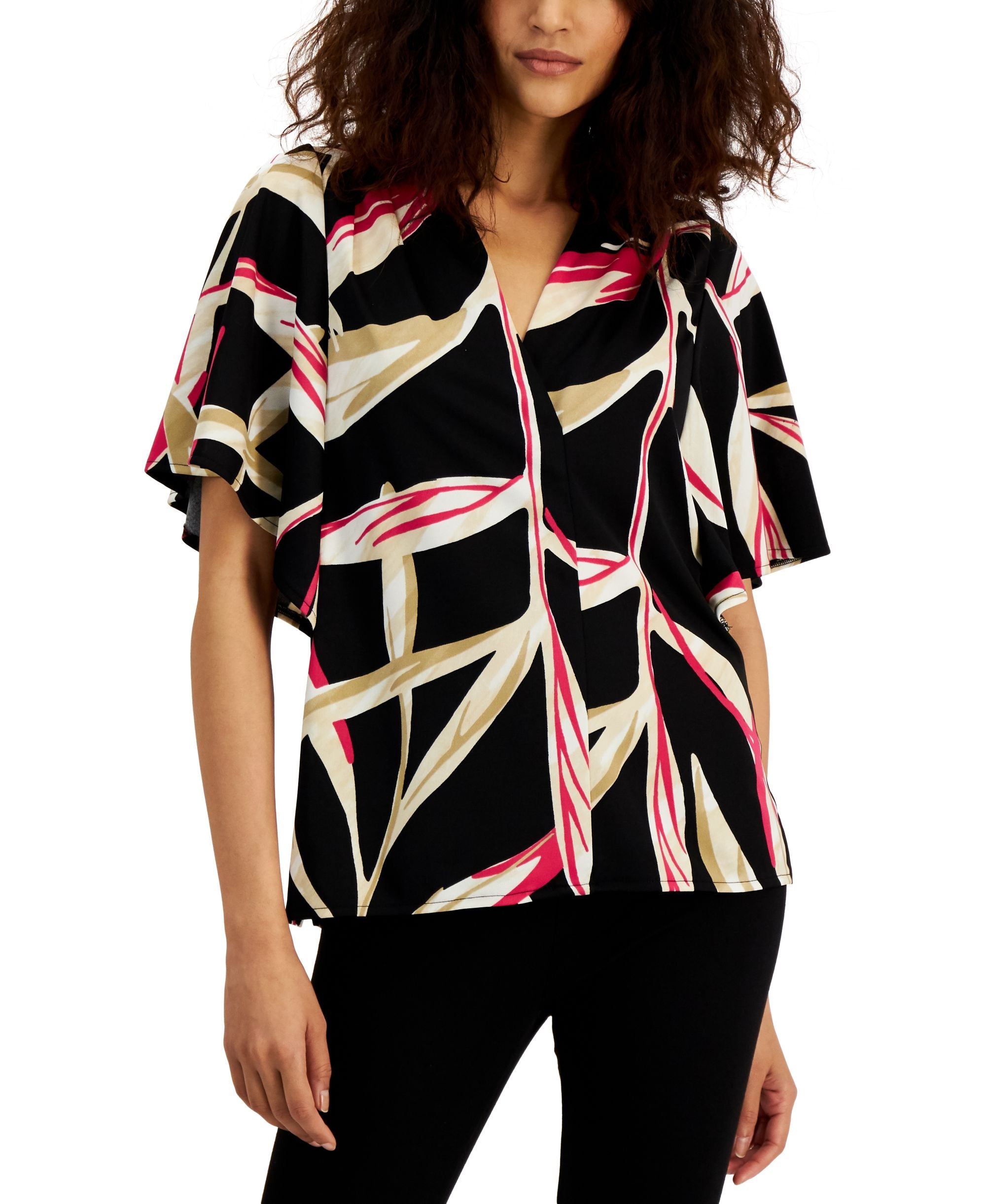 Alfani Womens Mixed Media Flutter Sleeve Top