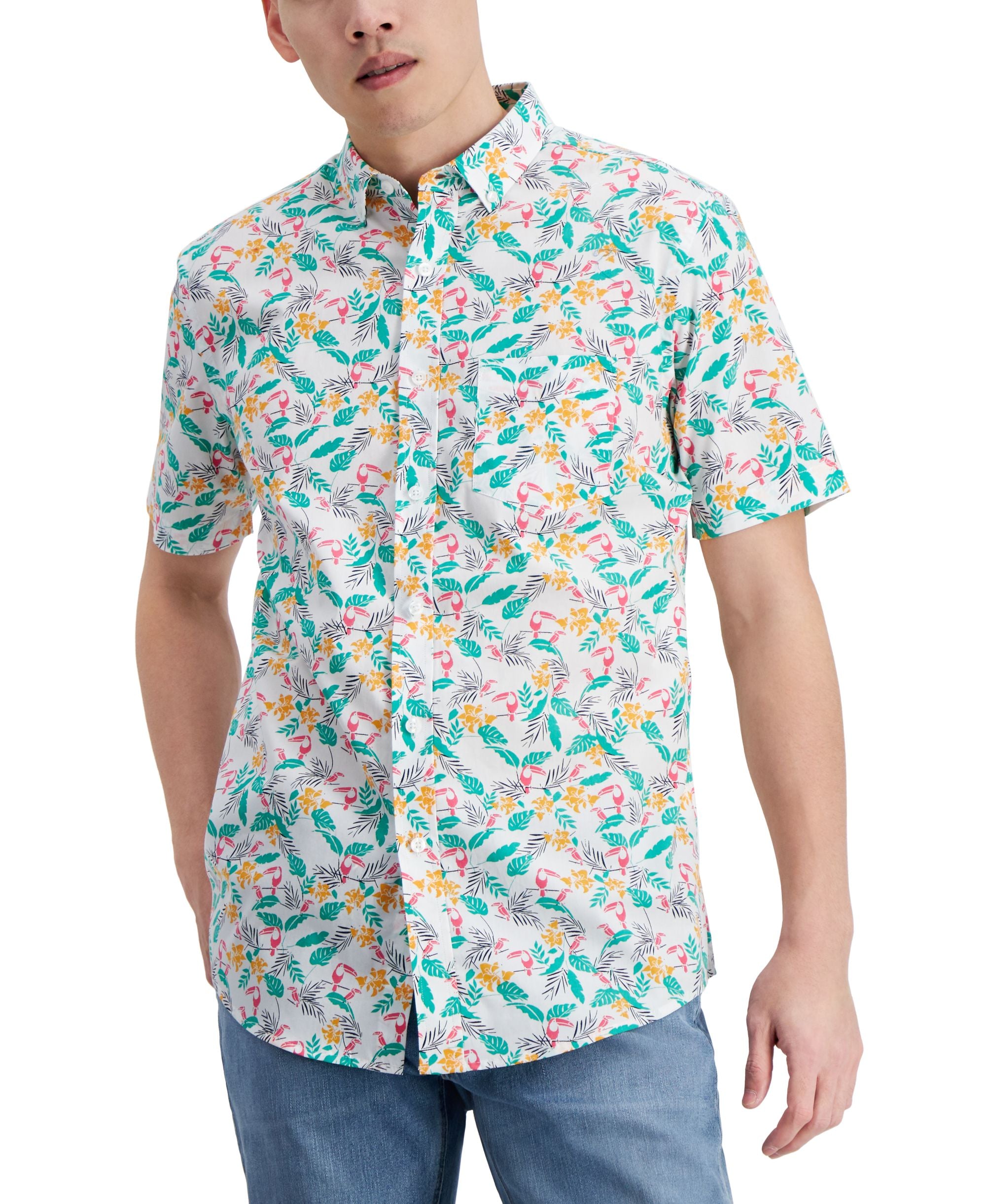 Club Room Mens Regular Fit Tropical Toucan Print Poplin Shirt