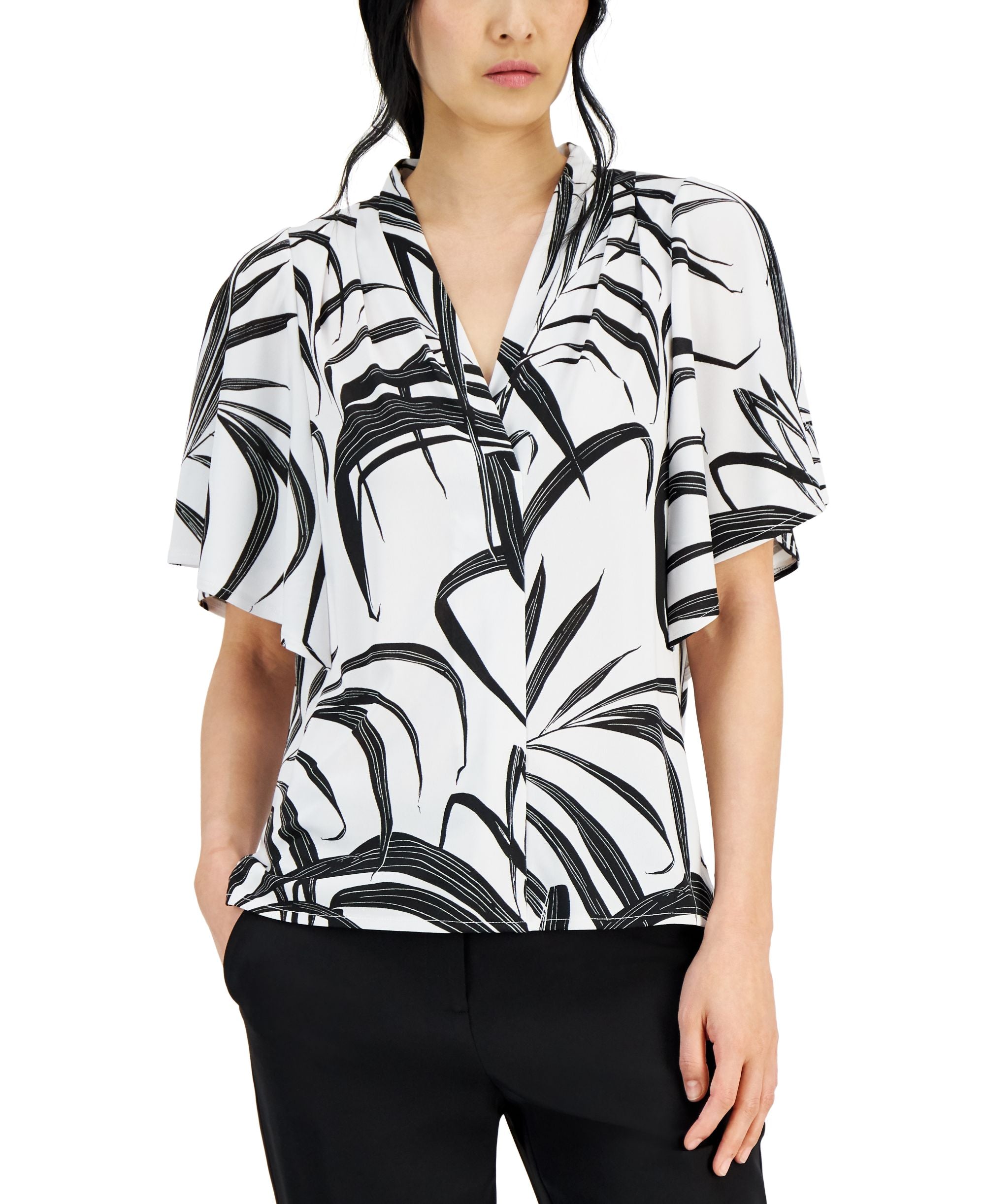 Alfani Womens Mixed Media Flutter Sleeve Top
