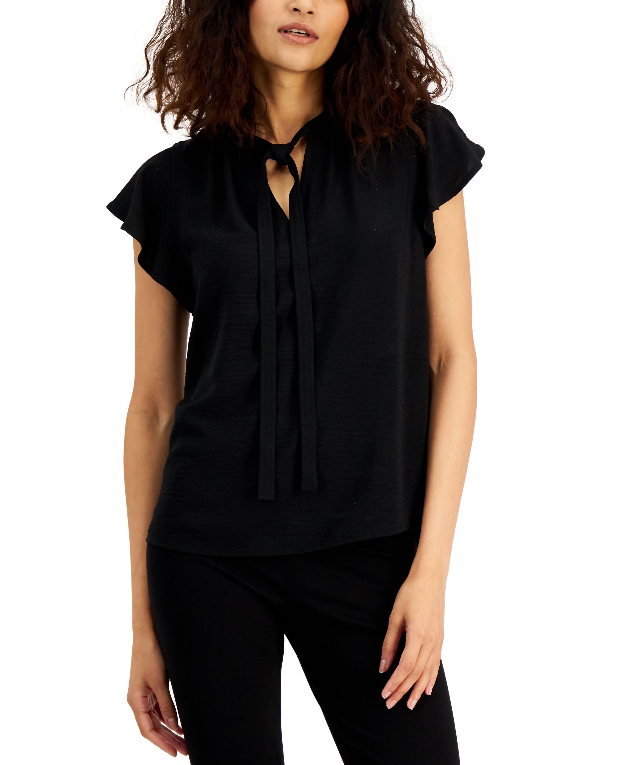 Alfani Womens Tie Neck Flutter Sleeve Top