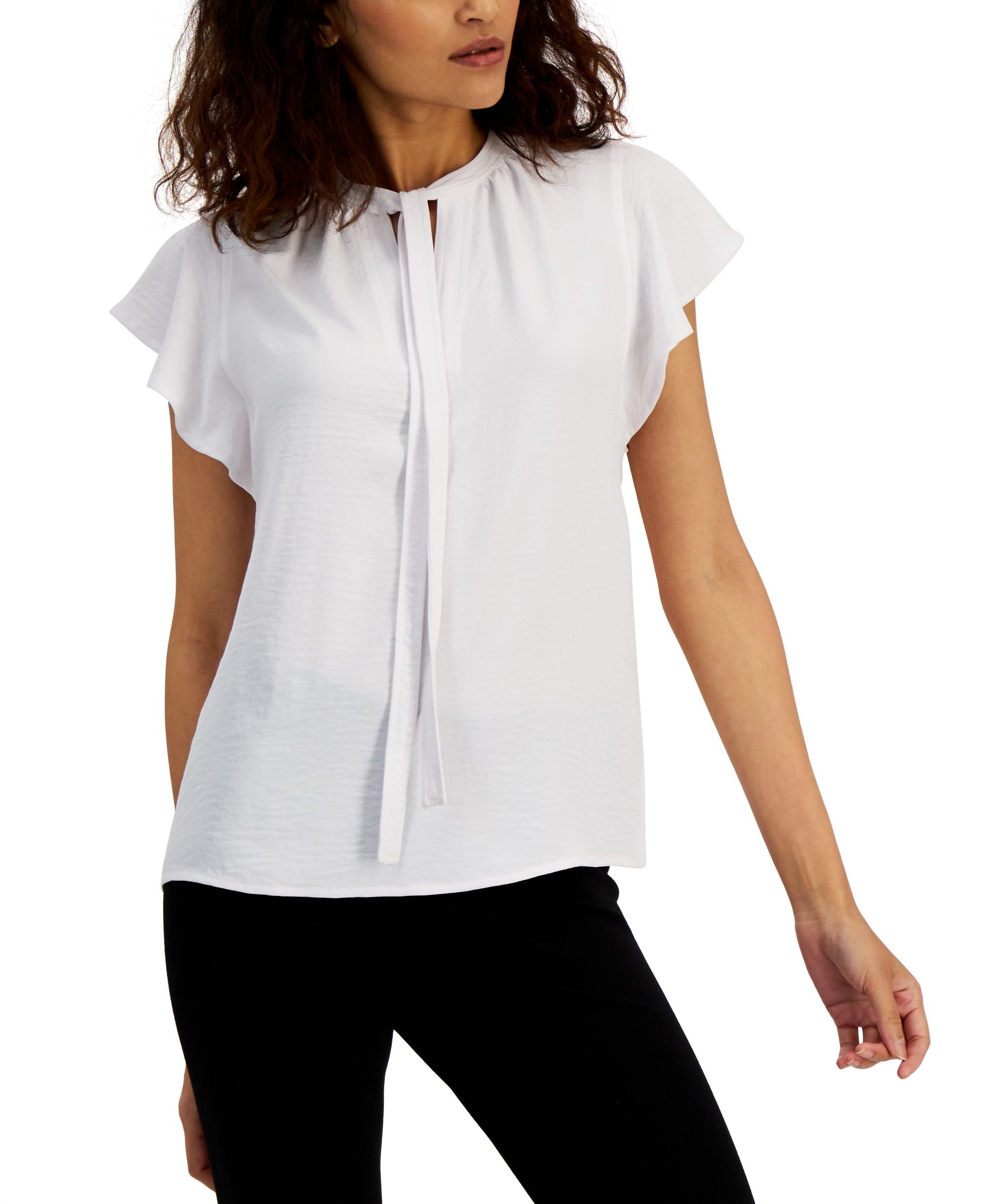 Alfani Womens Tie Neck Flutter Sleeve Top