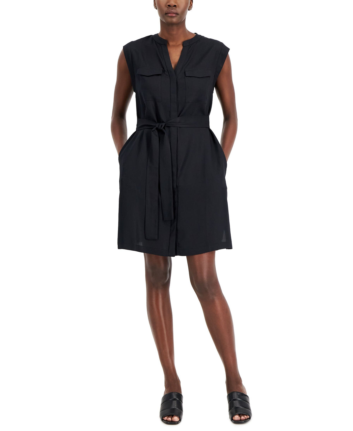 Alfani Womens Split-Neck Cap-Sleeve Utility Dress