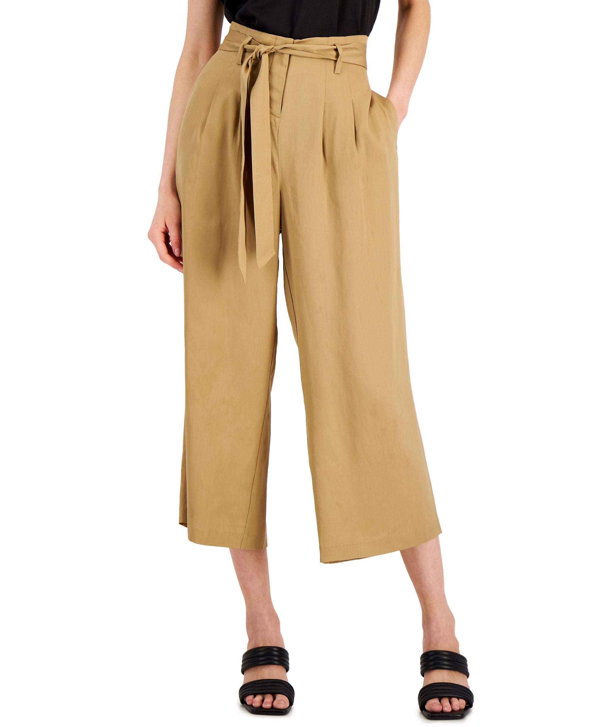 Alfani Womens Tie Waist Cropped Wide Leg Pants