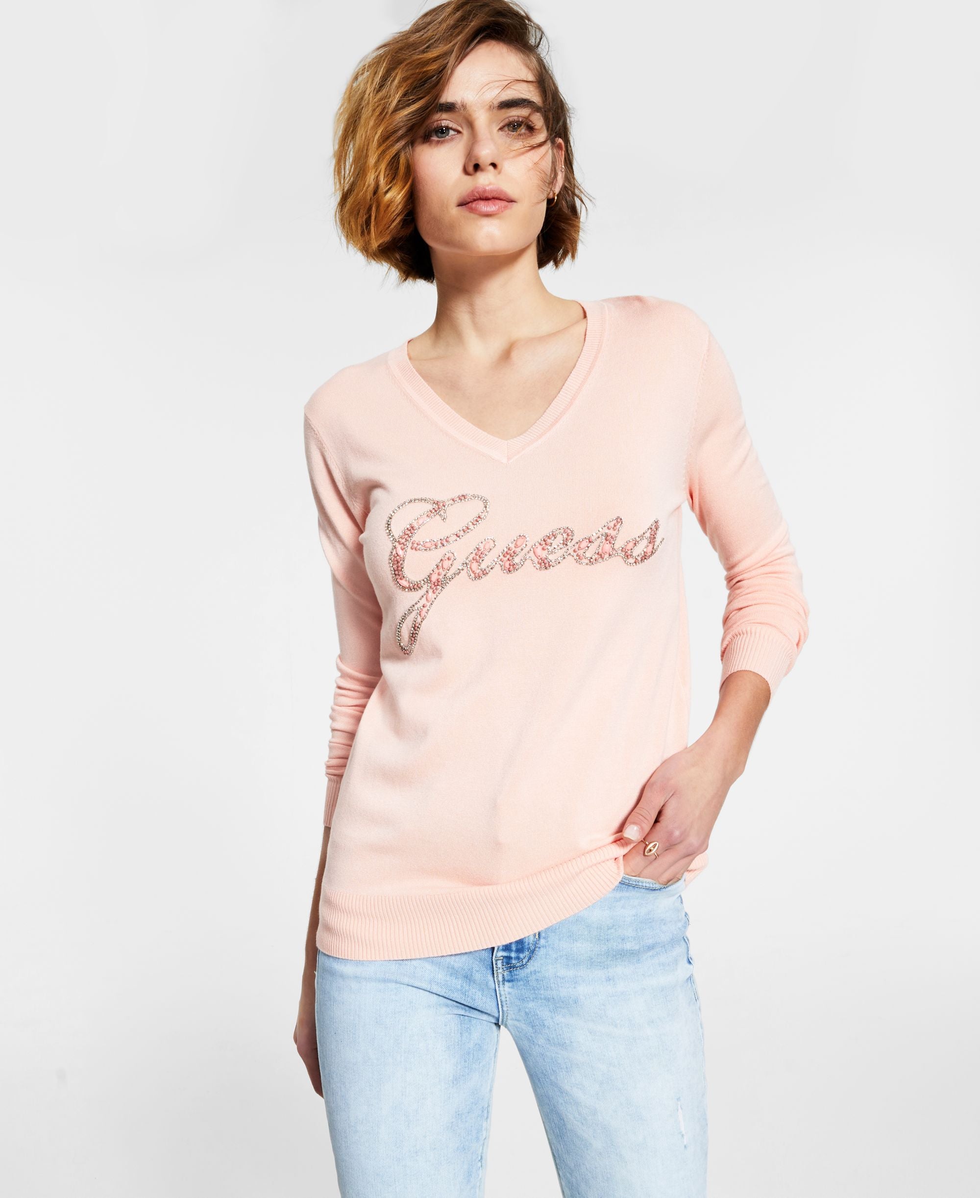 Guess Embellished V Neck Sweater