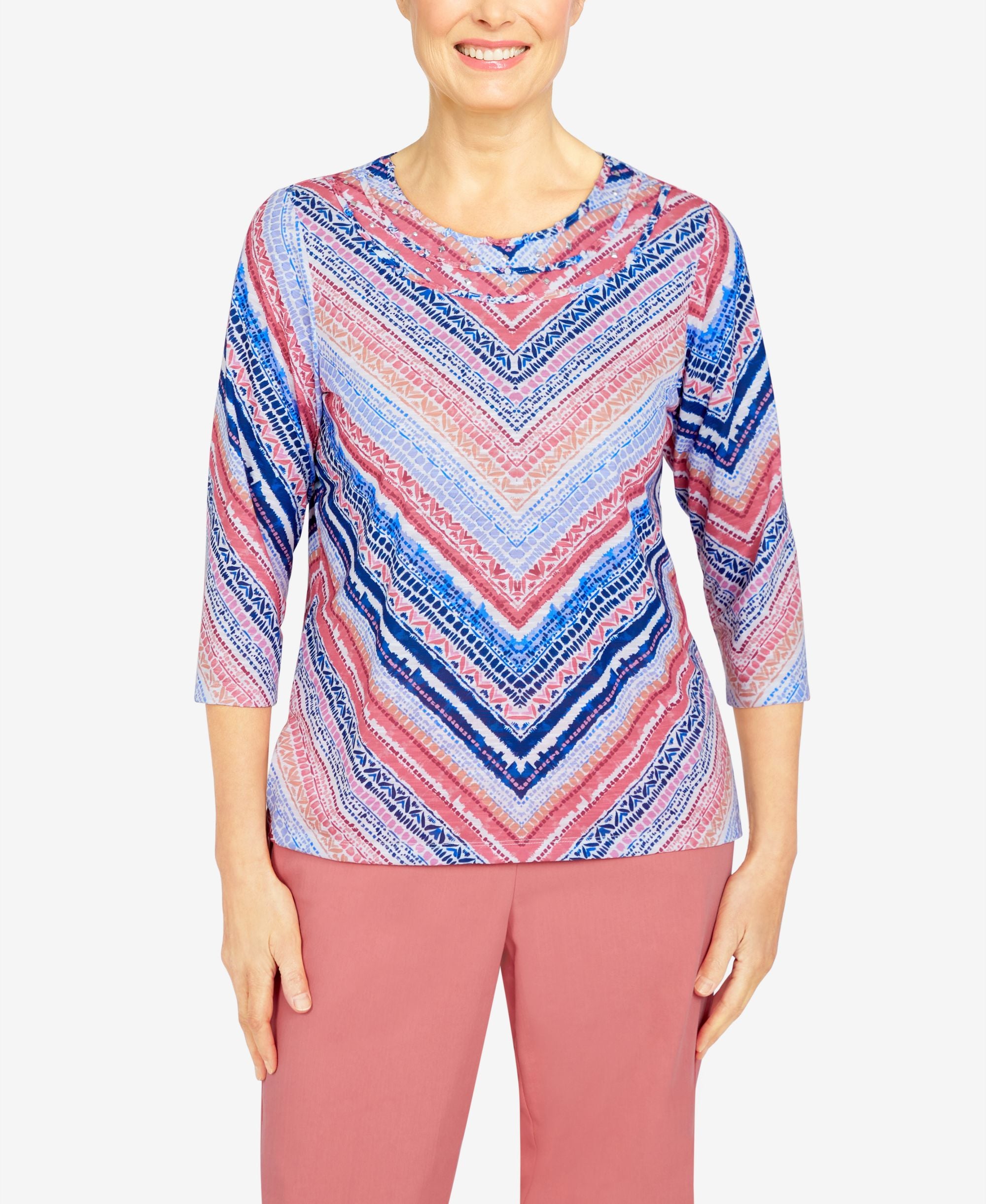 Missy Womens Boho Vibes Texture Chevron Top