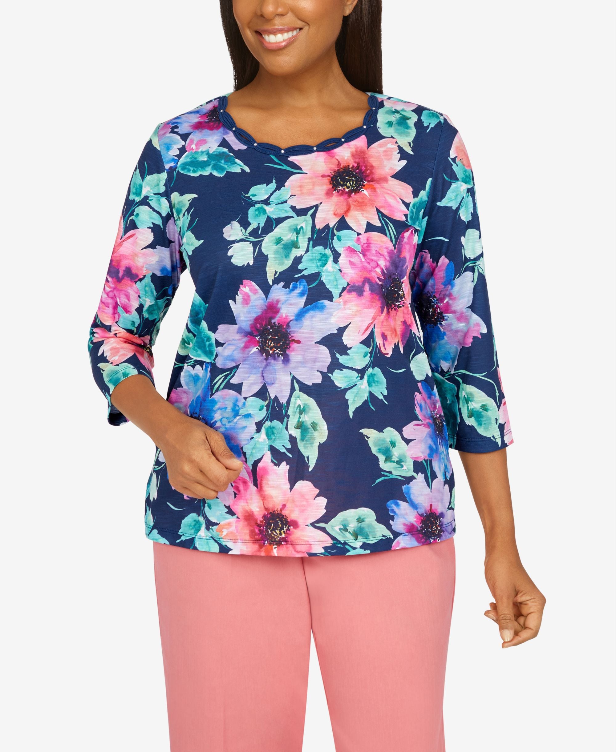 Missy Womens Boho Vibes Watercolor Floral Top