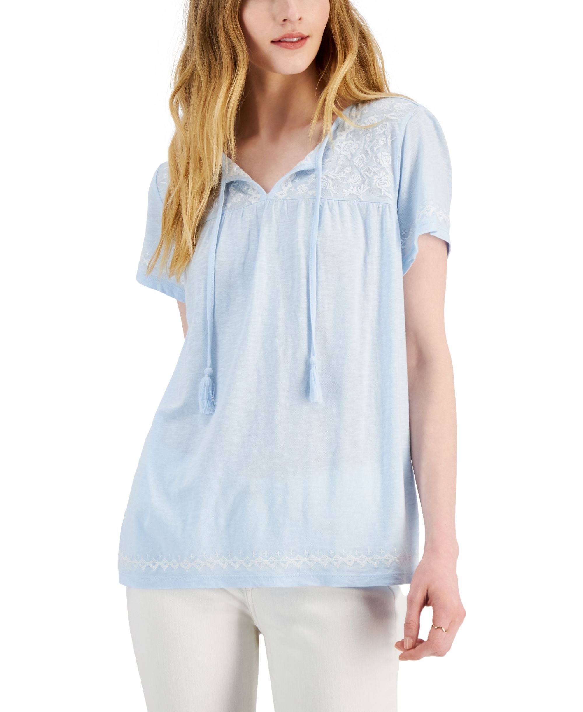 Style & Co Womens Embroidered Split Neckline Top