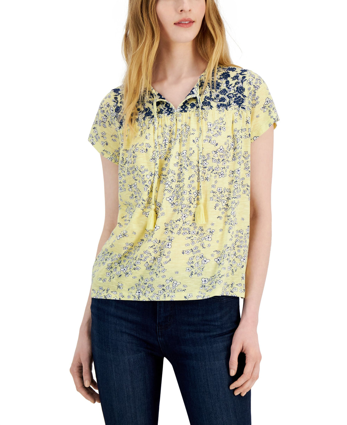 Women's Printed Embroidered Tassel-Tie Top