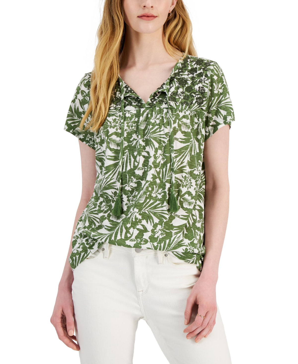 Women's Printed Embroidered Tassel-Tie Top