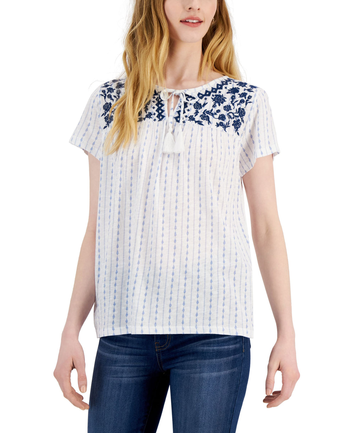 Women's Printed Embroidered Tassel-Tie Top