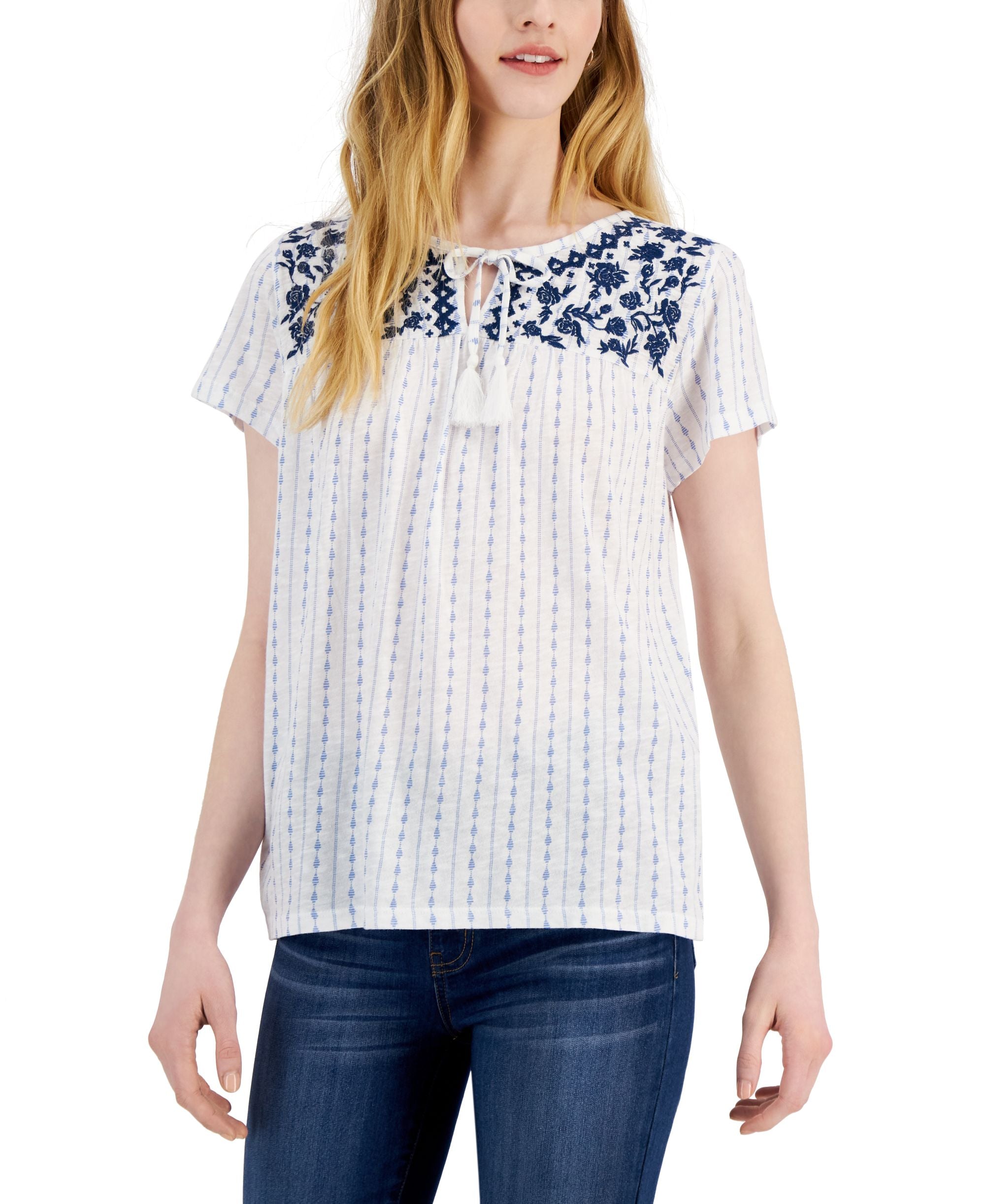 Style & Co Petite Split Neck Embroidered Top