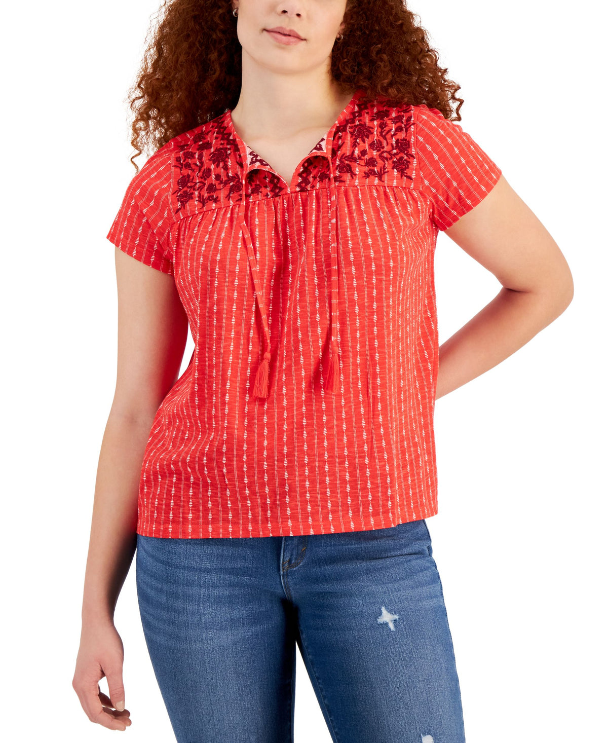 Women's Printed Embroidered Tassel-Tie Top