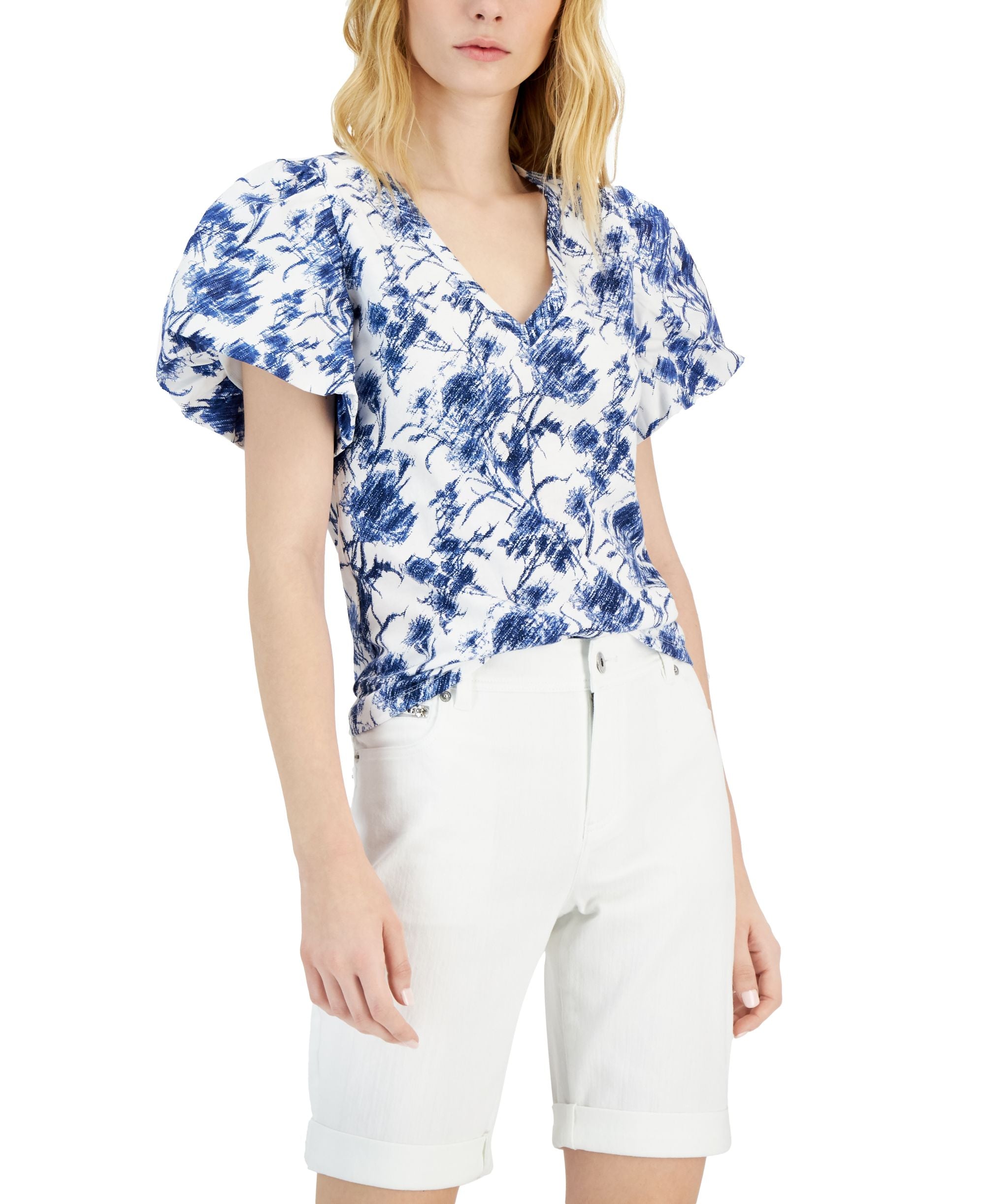 INC International Concepts Womens Printed Puff Sleeve Top