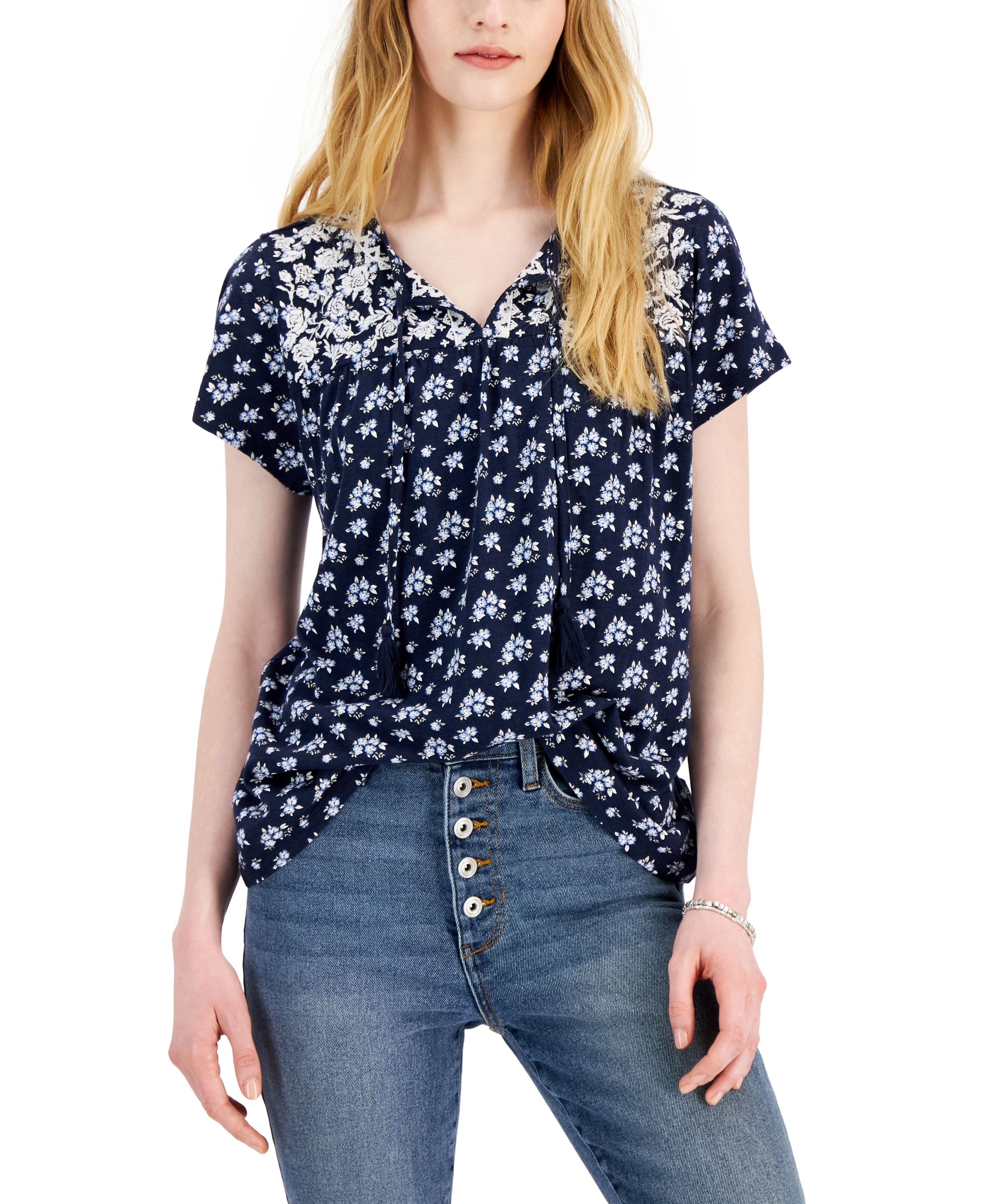 Women's Printed Embroidered Tassel-Tie Top