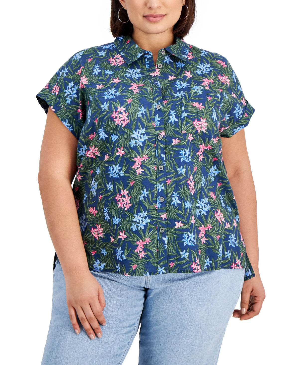 Style & Co Plus Size Printed Cotton Camp Shirt