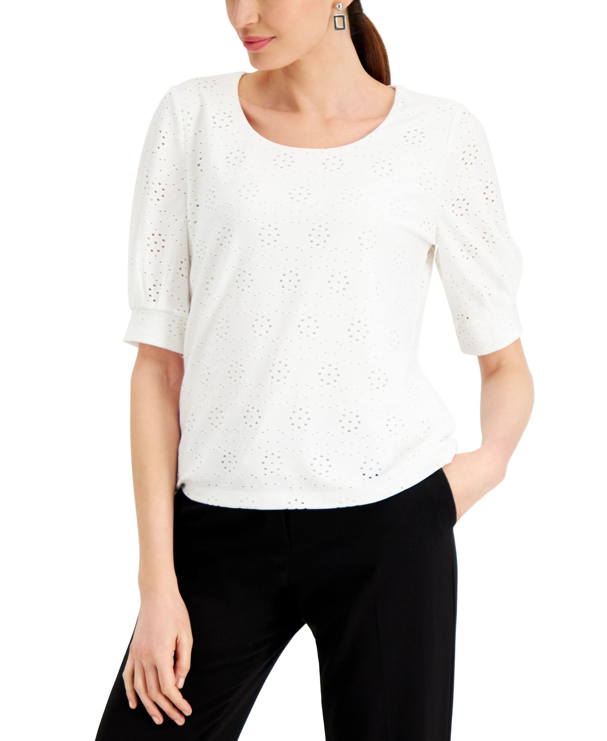 Kasper Petite Short Puffed Sleeve Eyelet Top