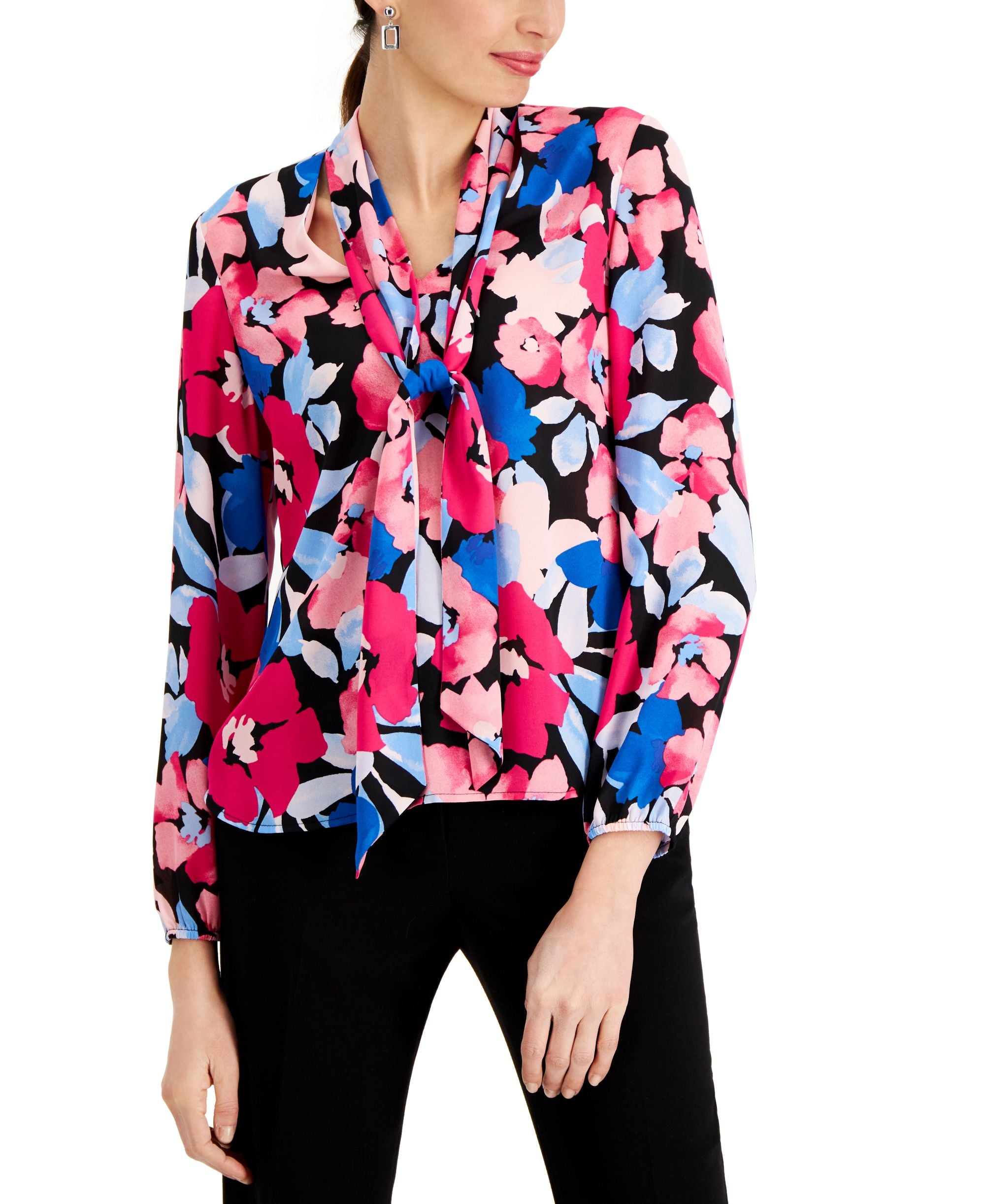 Kasper Printed Tie Neck Long Sleeve Top