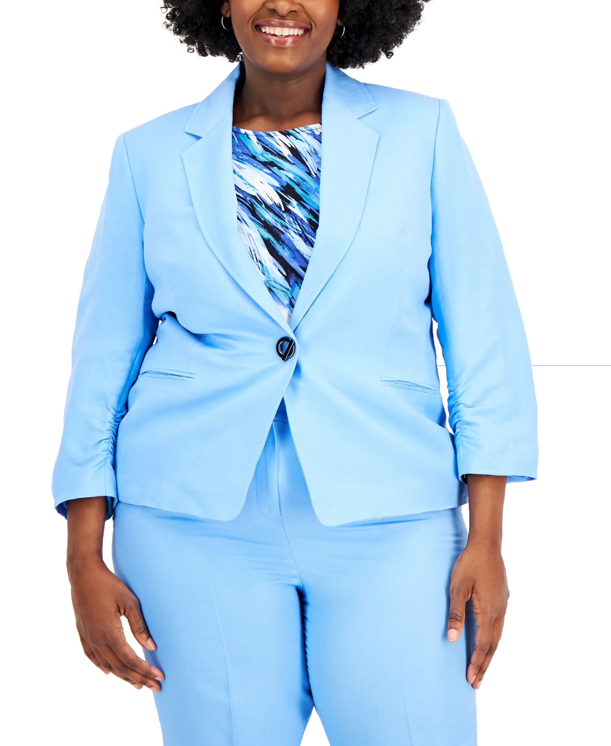 Kasper Plus Size Linen Cinched Sleeve Single Button Blazer