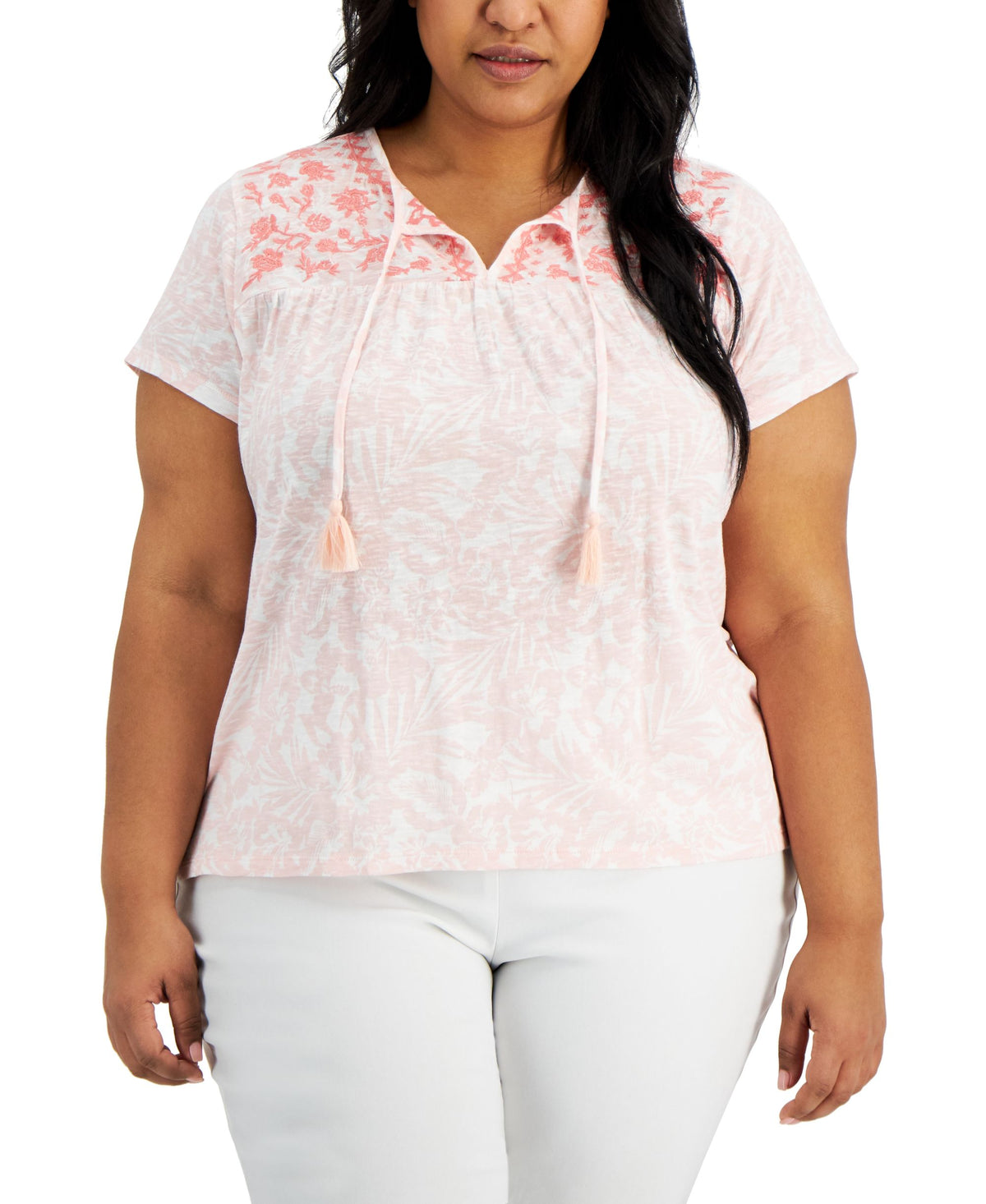 Women's Printed Embroidered Tassel-Tie Top