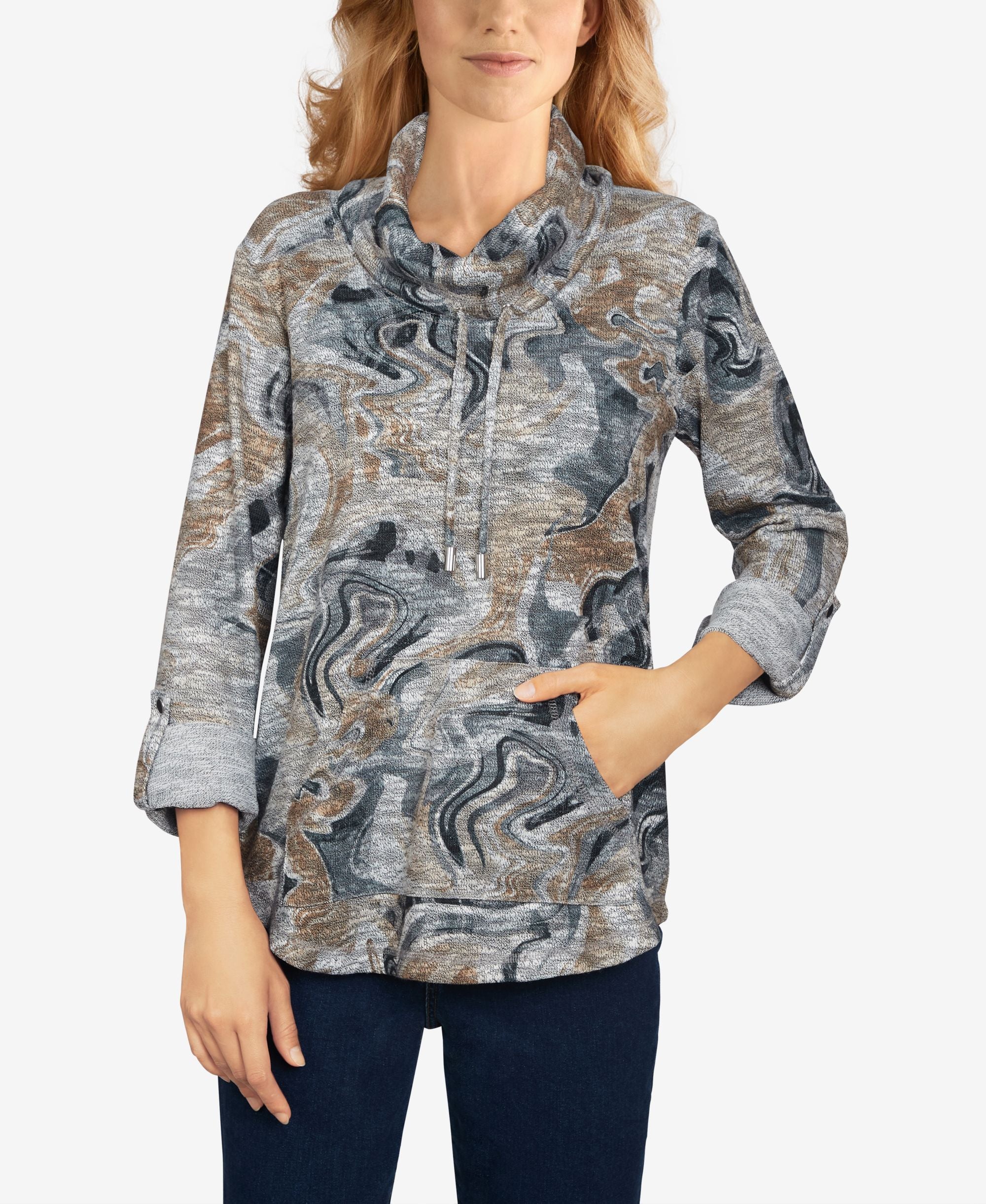 Ruby Rd. Petite Marbled Slub Terry Pull-Over Top with Pocket