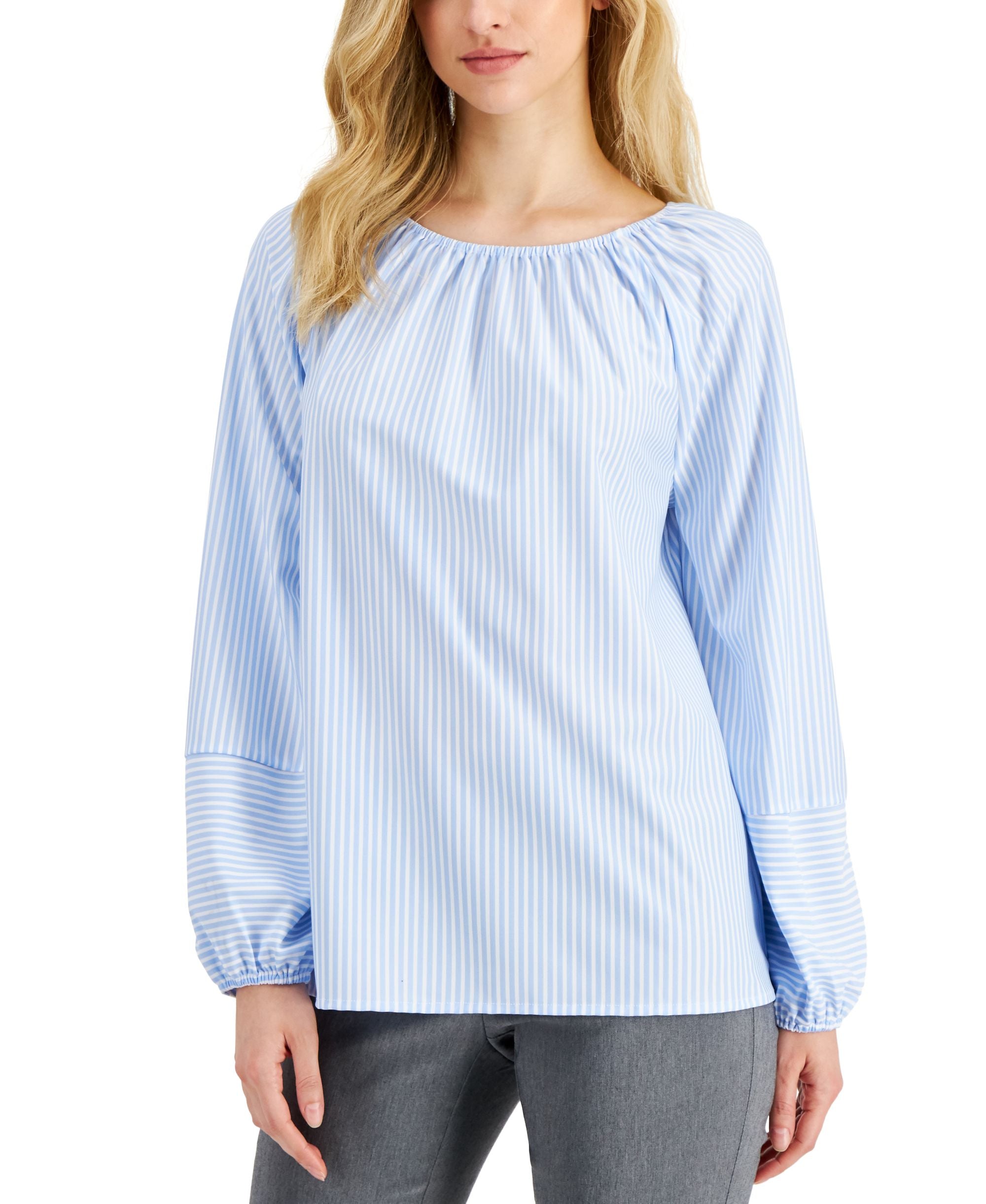 Alfani Striped Volume Sleeve Crewneck Top