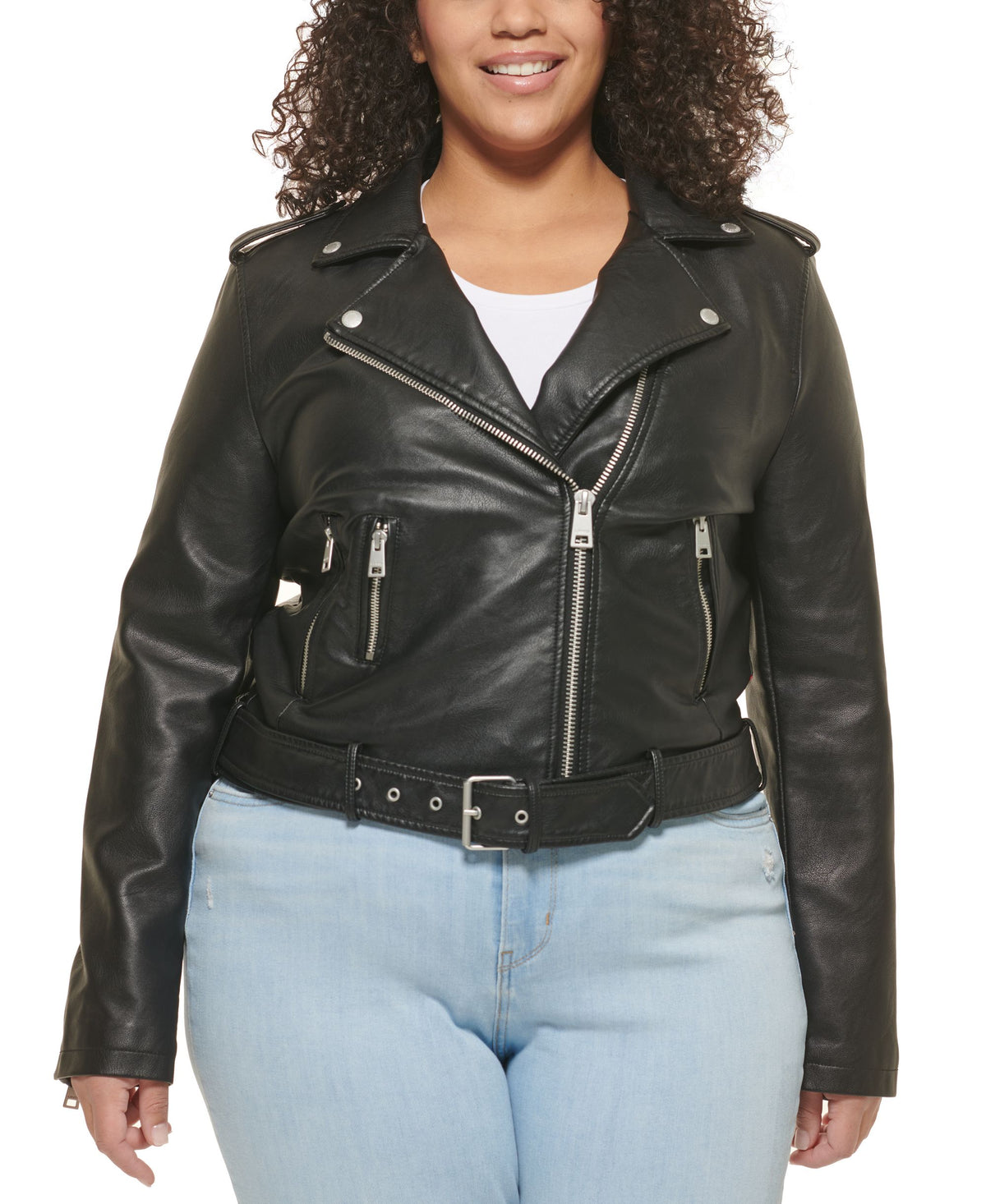 Levis Plus Size Faux Leather Belted Motorcycle Jacket-Plus Size