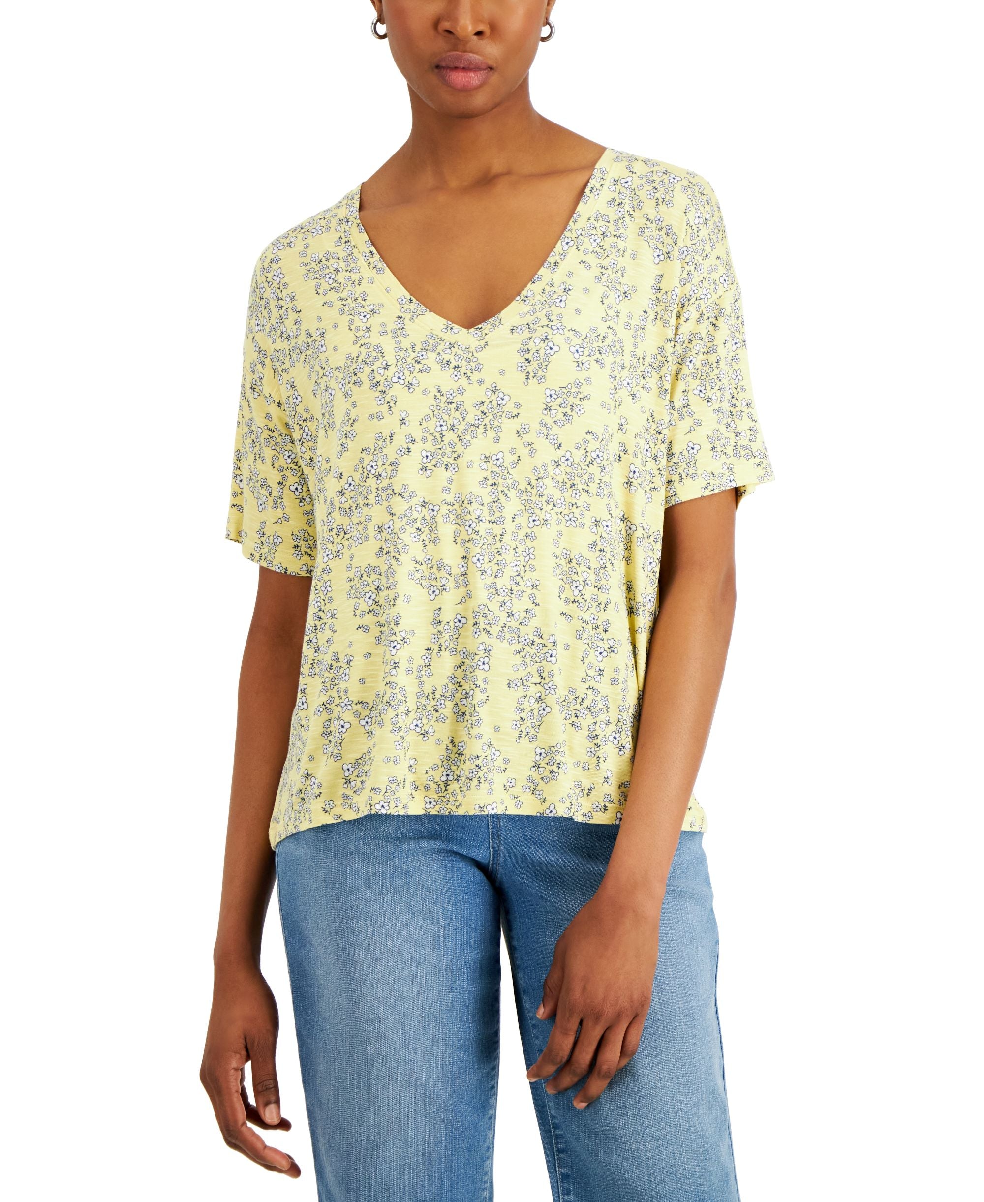 Style & Co Womens Drop Shoulder Floral Print T-Shirt