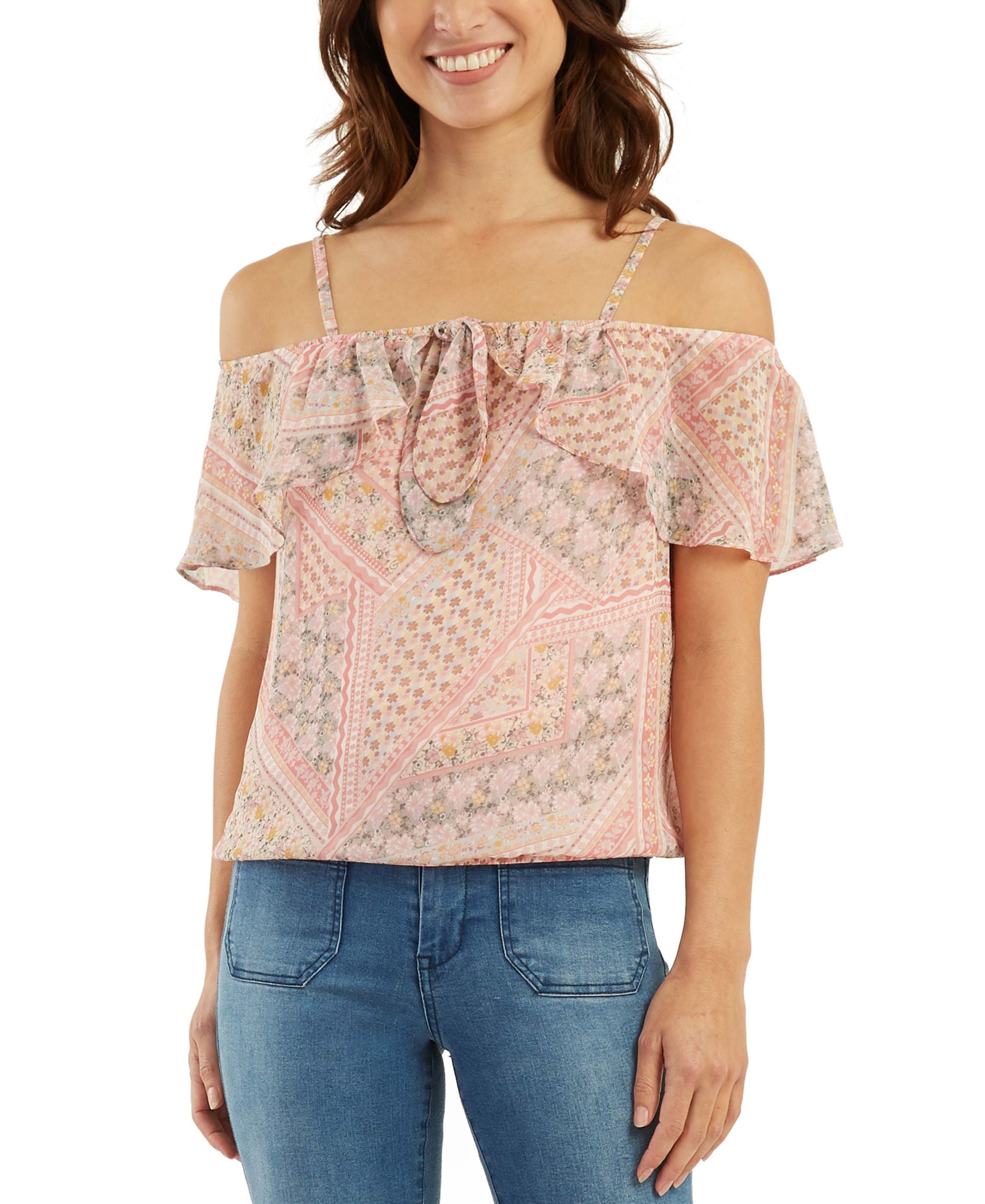 Juniors' Ruffled Cold-Shoulder Top