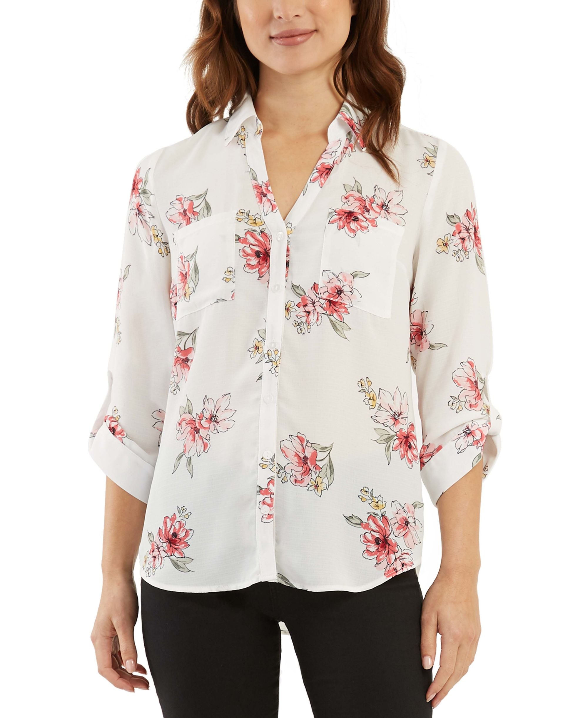 Juniors' Roll-Sleeve Button-Up Top