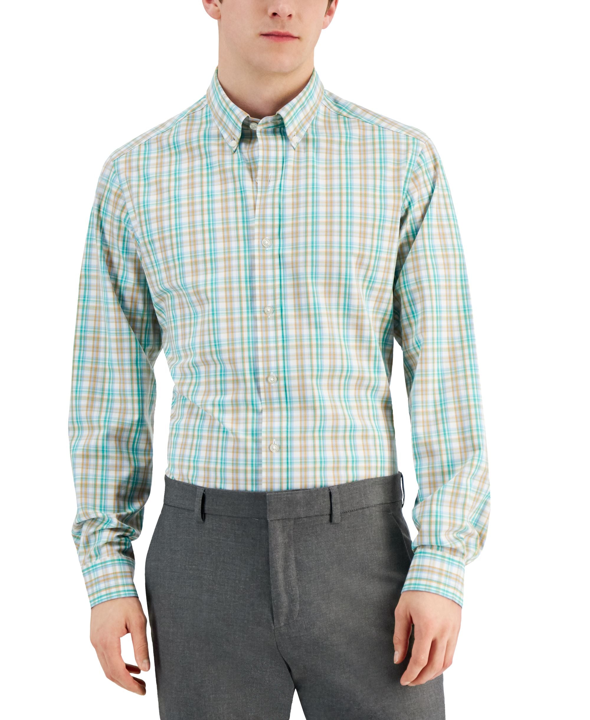 Club Room Mens Slim Fit 4 Way Stretch Plaid Dress Shirt